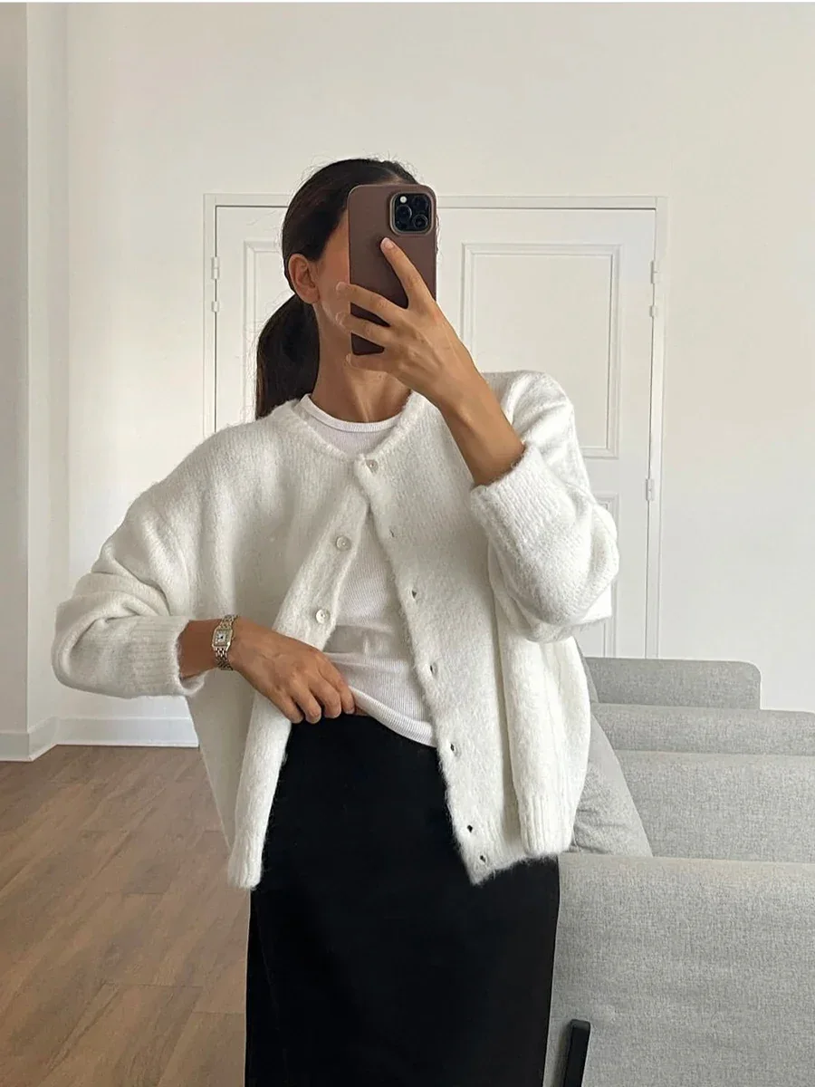 Hirsionsan Elegant Long Sleeve Sweater Women 2024 New Single-Breasted Female Casual Cardigan Soft Cashmere Knitted Outwear - Image 7
