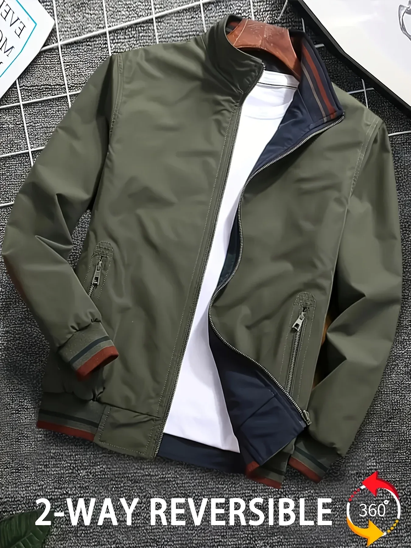 Men'S All-Season Casual Double-Sided Zip-Up Jacket with Stand Collar - Relaxed Fit Olive Green & Navy Blue Two-Tone Design, Front Zipper Closure, Functional Pockets, Durable Fabric for Casual Attire, Lightweight Layering, Mod