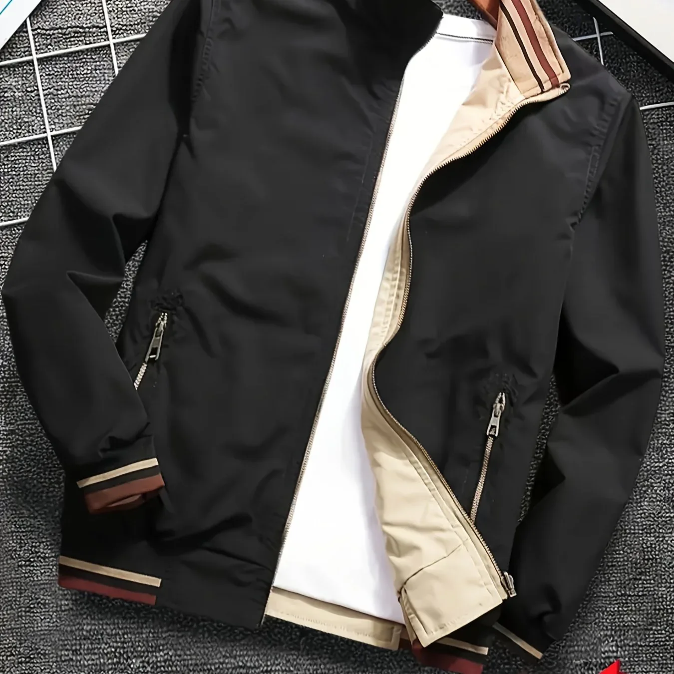 Men'S All-Season Casual Double-Sided Zip-Up Jacket with Stand Collar - Relaxed Fit Olive Green & Navy Blue Two-Tone Design, Front Zipper Closure, Functional Pockets, Durable Fabric for Casual Attire, Lightweight Layering, Mod - Image 11