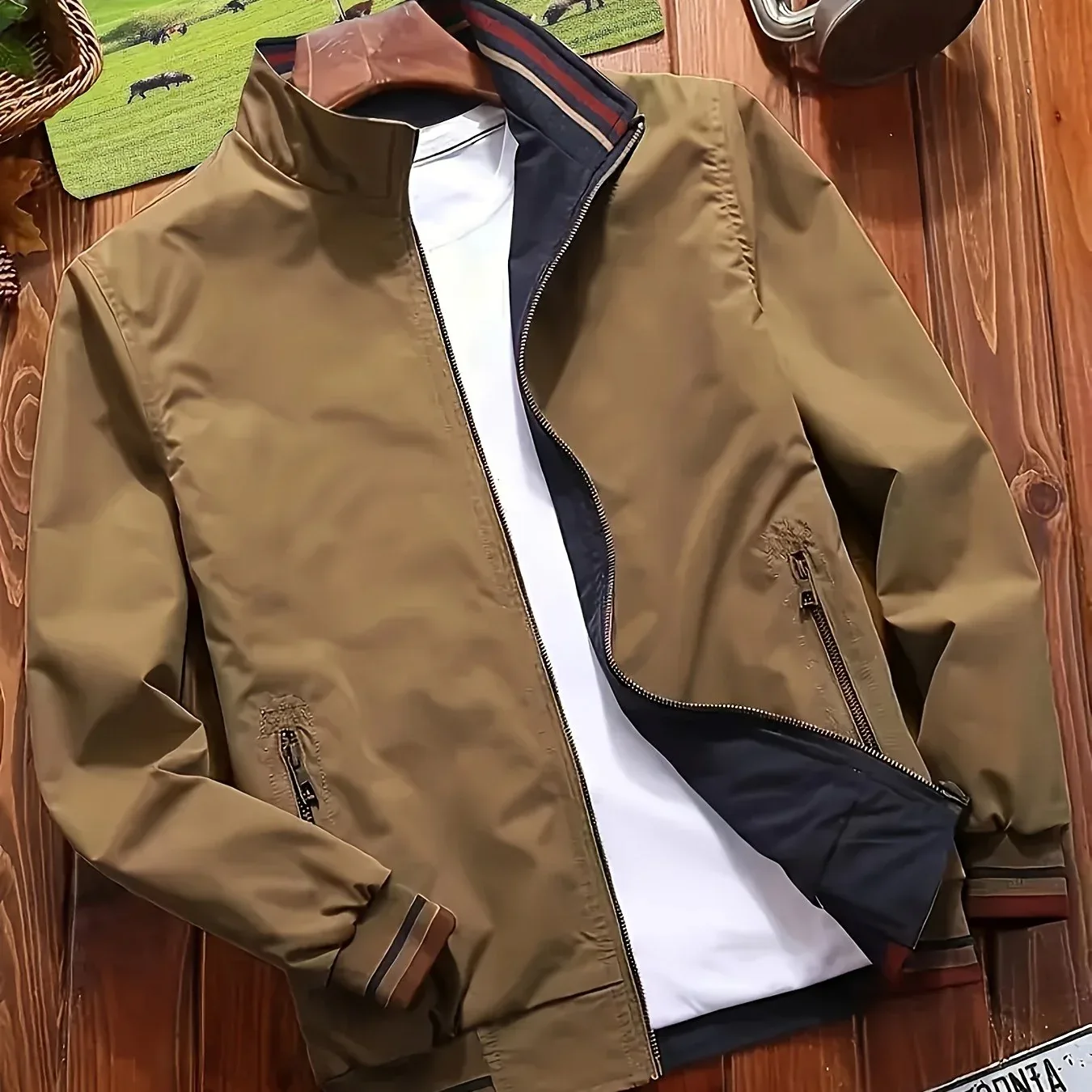 Men'S All-Season Casual Double-Sided Zip-Up Jacket with Stand Collar - Relaxed Fit Olive Green & Navy Blue Two-Tone Design, Front Zipper Closure, Functional Pockets, Durable Fabric for Casual Attire, Lightweight Layering, Mod - Image 12