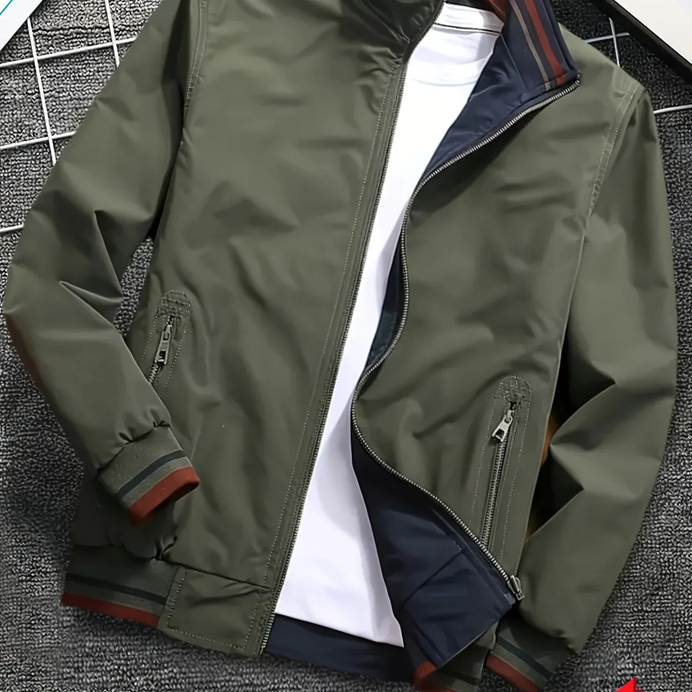 Men'S All-Season Casual Double-Sided Zip-Up Jacket with Stand Collar - Relaxed Fit Olive Green & Navy Blue Two-Tone Design, Front Zipper Closure, Functional Pockets, Durable Fabric for Casual Attire, Lightweight Layering, Mod - Image 13