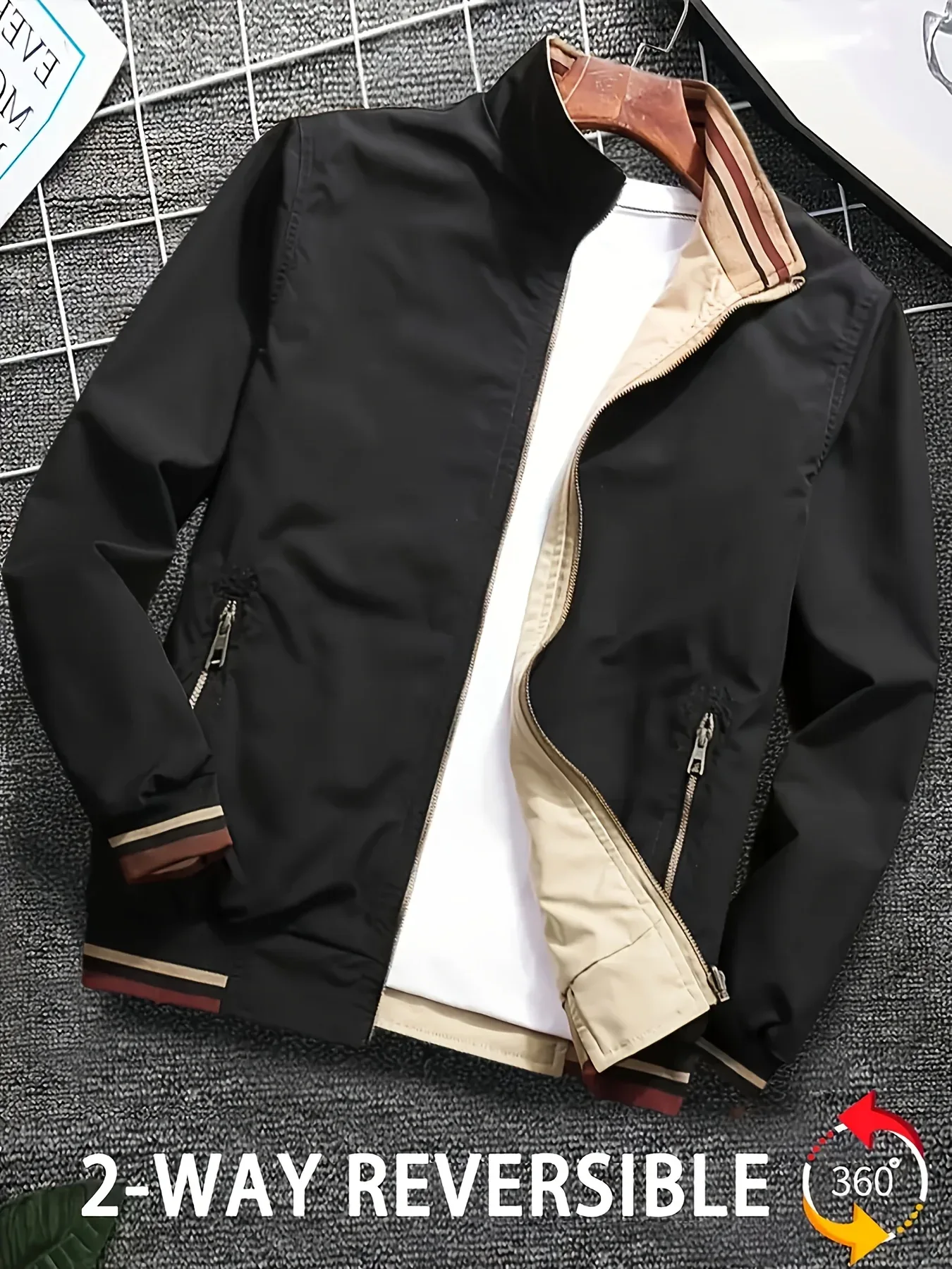 Men'S All-Season Casual Double-Sided Zip-Up Jacket with Stand Collar - Relaxed Fit Olive Green & Navy Blue Two-Tone Design, Front Zipper Closure, Functional Pockets, Durable Fabric for Casual Attire, Lightweight Layering, Mod - Image 2