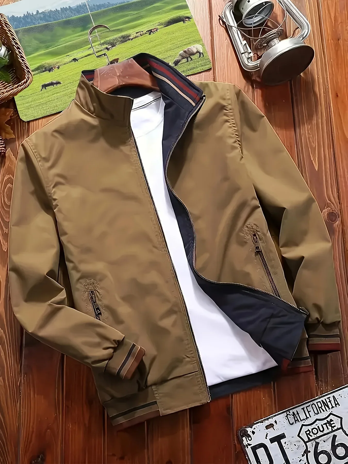 Men'S All-Season Casual Double-Sided Zip-Up Jacket with Stand Collar - Relaxed Fit Olive Green & Navy Blue Two-Tone Design, Front Zipper Closure, Functional Pockets, Durable Fabric for Casual Attire, Lightweight Layering, Mod - Image 3