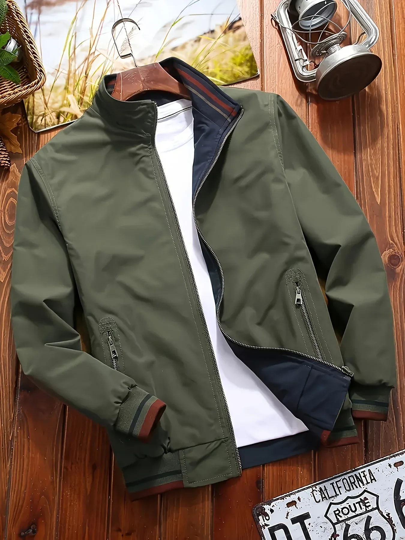 Men'S All-Season Casual Double-Sided Zip-Up Jacket with Stand Collar - Relaxed Fit Olive Green & Navy Blue Two-Tone Design, Front Zipper Closure, Functional Pockets, Durable Fabric for Casual Attire, Lightweight Layering, Mod - Image 4