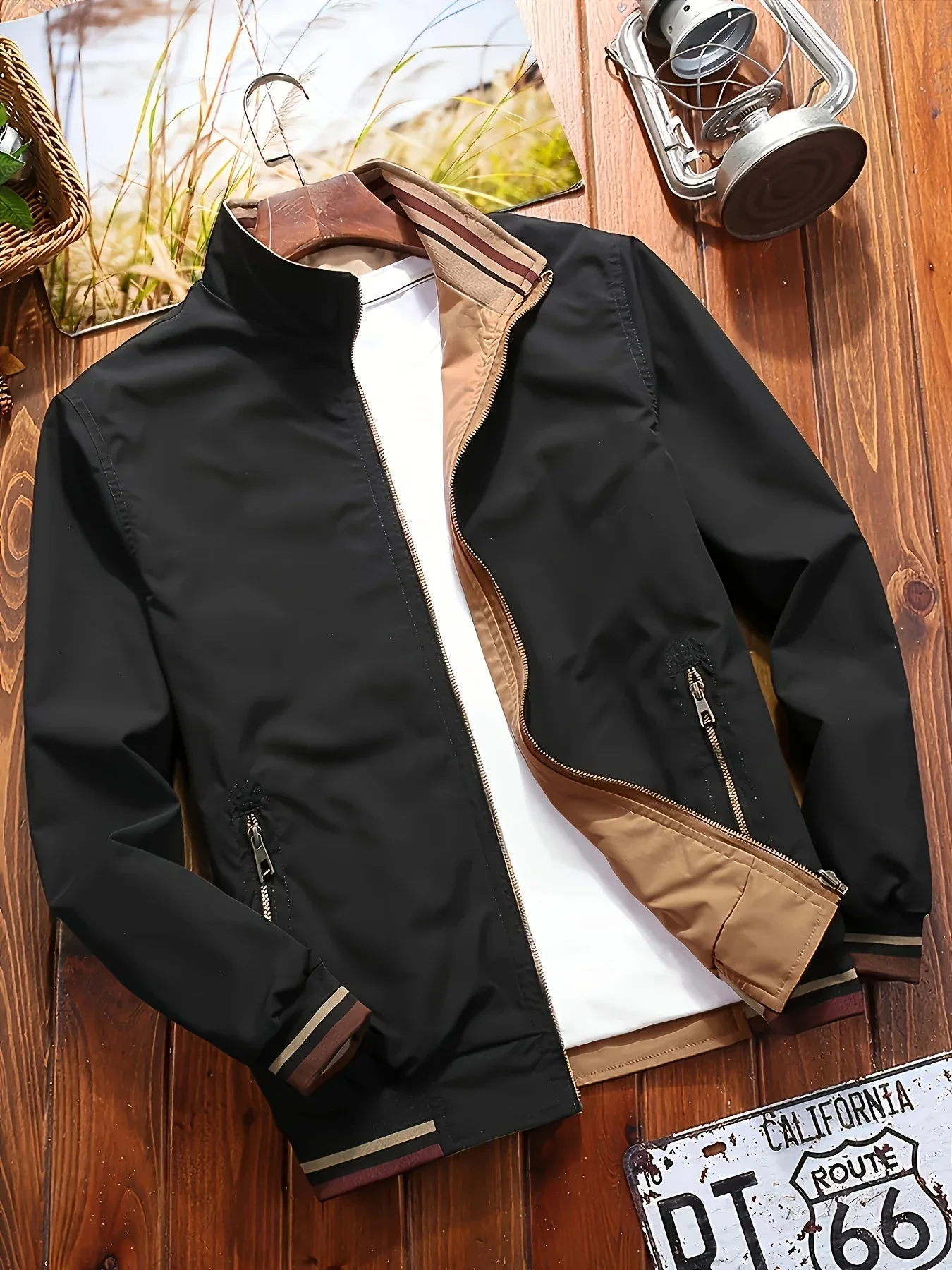 Men'S All-Season Casual Double-Sided Zip-Up Jacket with Stand Collar - Relaxed Fit Olive Green & Navy Blue Two-Tone Design, Front Zipper Closure, Functional Pockets, Durable Fabric for Casual Attire, Lightweight Layering, Mod - Image 5