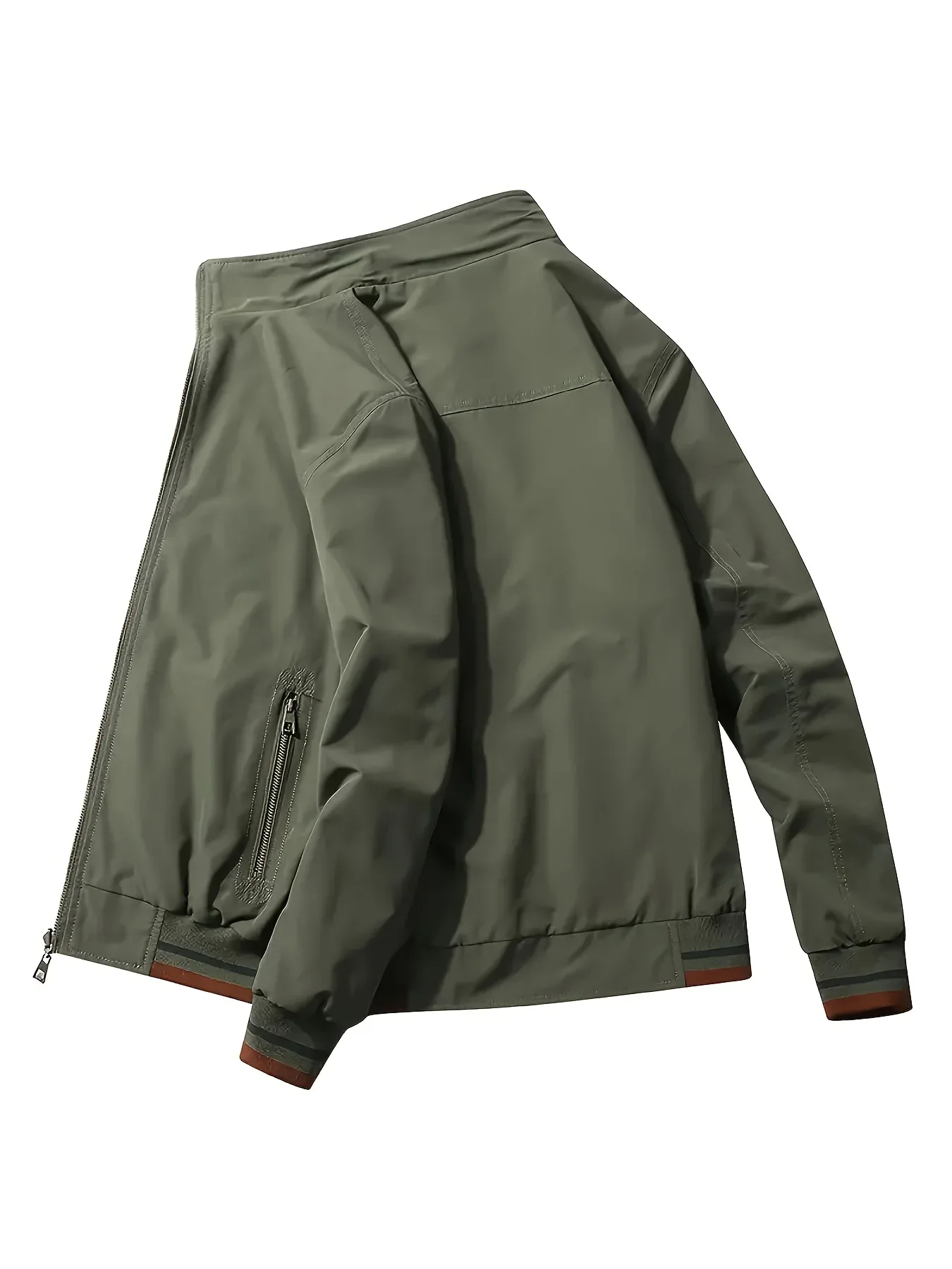Men'S All-Season Casual Double-Sided Zip-Up Jacket with Stand Collar - Relaxed Fit Olive Green & Navy Blue Two-Tone Design, Front Zipper Closure, Functional Pockets, Durable Fabric for Casual Attire, Lightweight Layering, Mod - Image 7