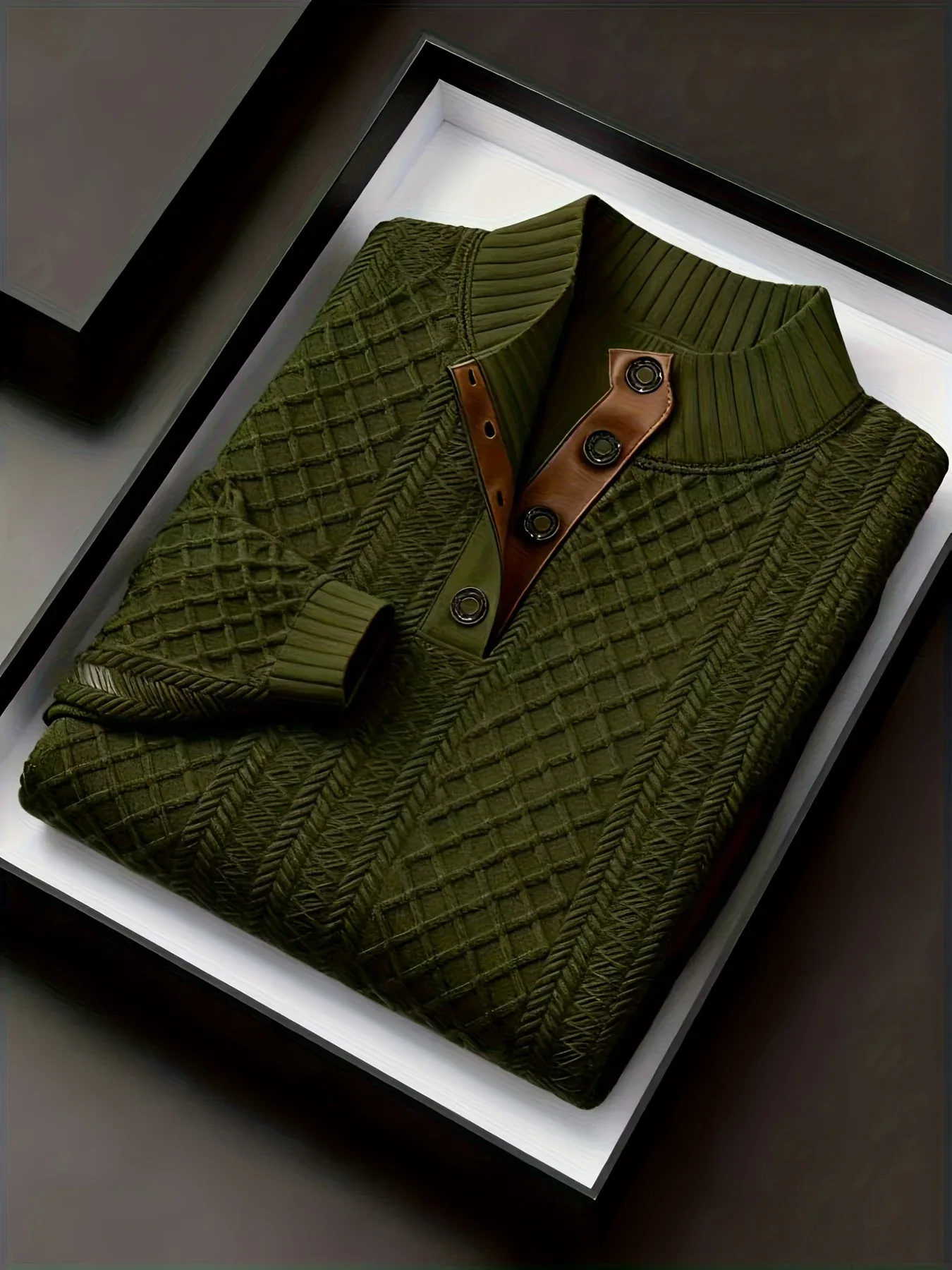 Men'S Autumn-Winter Christmas Stand Collar Jacquard Knit Sweater | Casual Style, 280g/m², High Collar, Button Details, Suitable for Outdoor Leisure and Holiday Gifts - Image 3