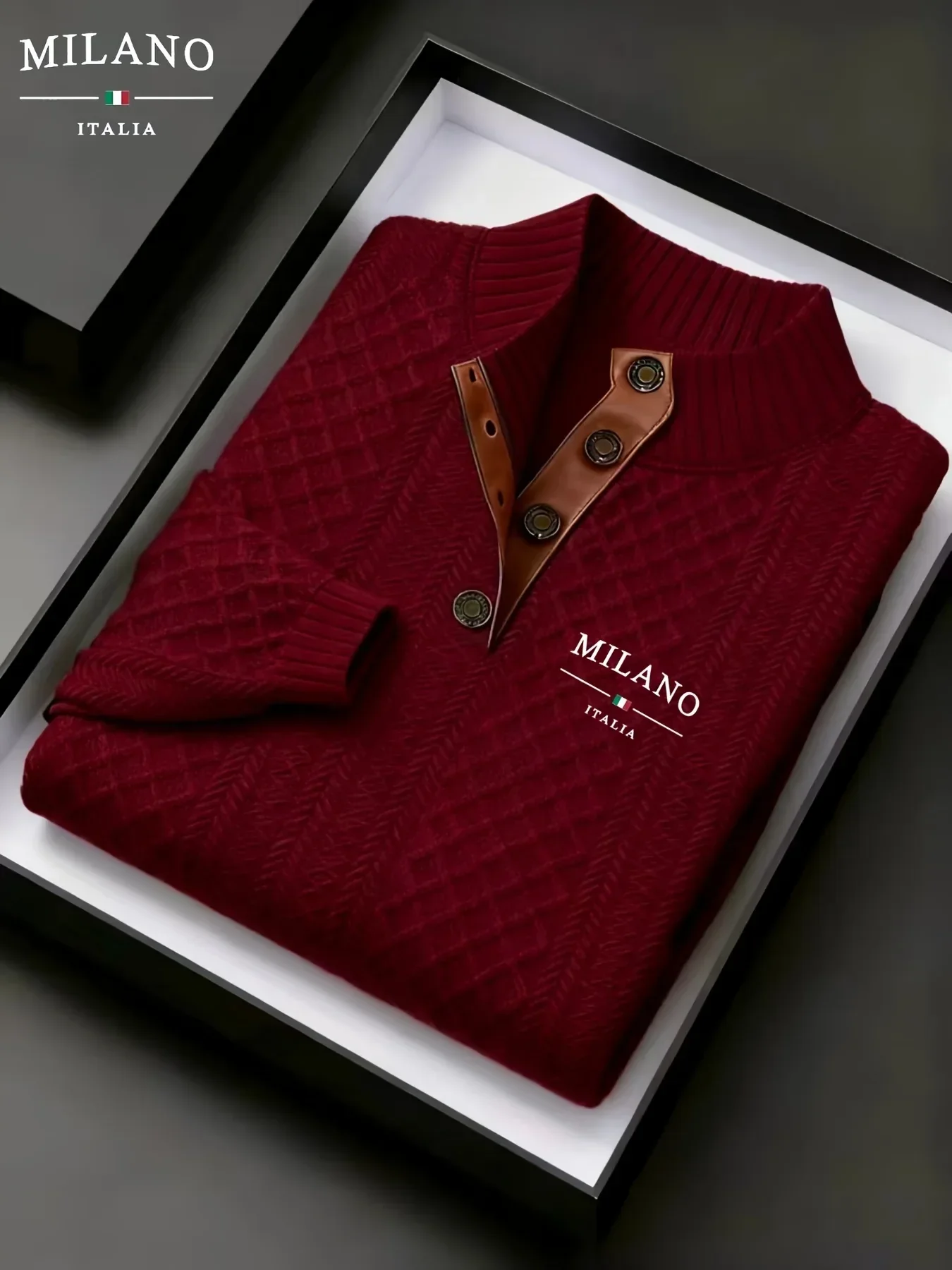 Men'S Autumn-Winter Christmas Stand Collar Jacquard Knit Sweater | Casual Style, 280g/m², High Collar, Button Details, Suitable for Outdoor Leisure and Holiday Gifts - Image 4