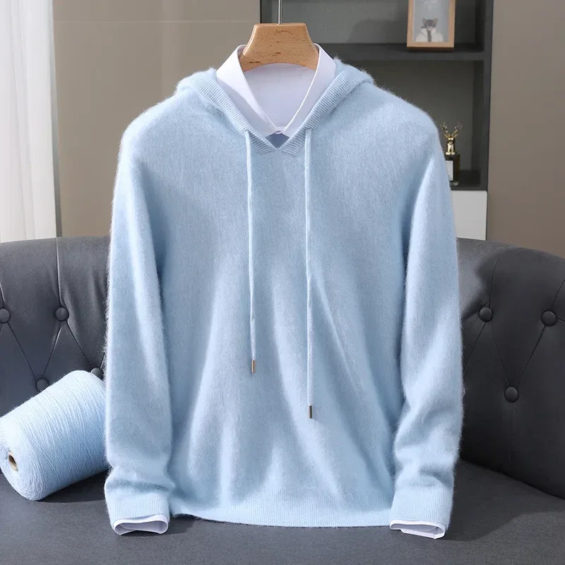 Men's Clothing: 100% Pure Mink Cashmere Knitted Sweater Casual And Loose Large-Sized Hooded Pullover Autumn Winter New Products