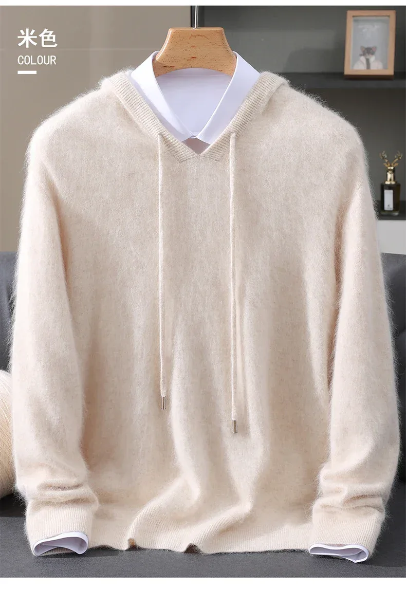 Men's Clothing: 100% Pure Mink Cashmere Knitted Sweater Casual And Loose Large-Sized Hooded Pullover Autumn Winter New Products - Image 13