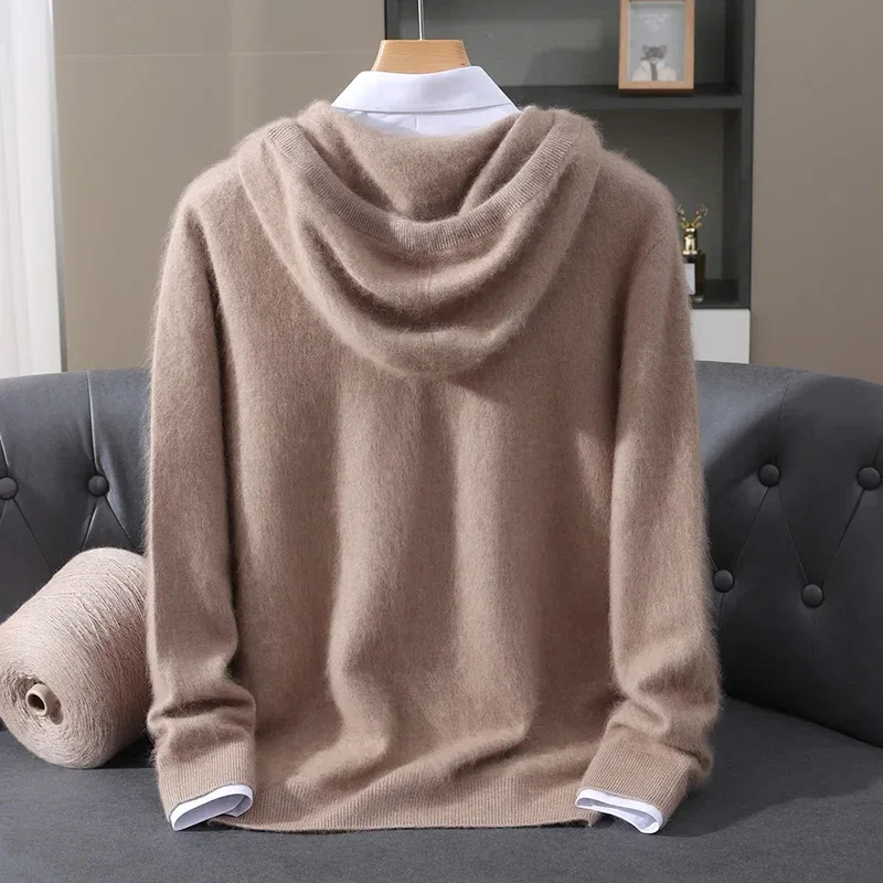 Men's Clothing: 100% Pure Mink Cashmere Knitted Sweater Casual And Loose Large-Sized Hooded Pullover Autumn Winter New Products - Image 2