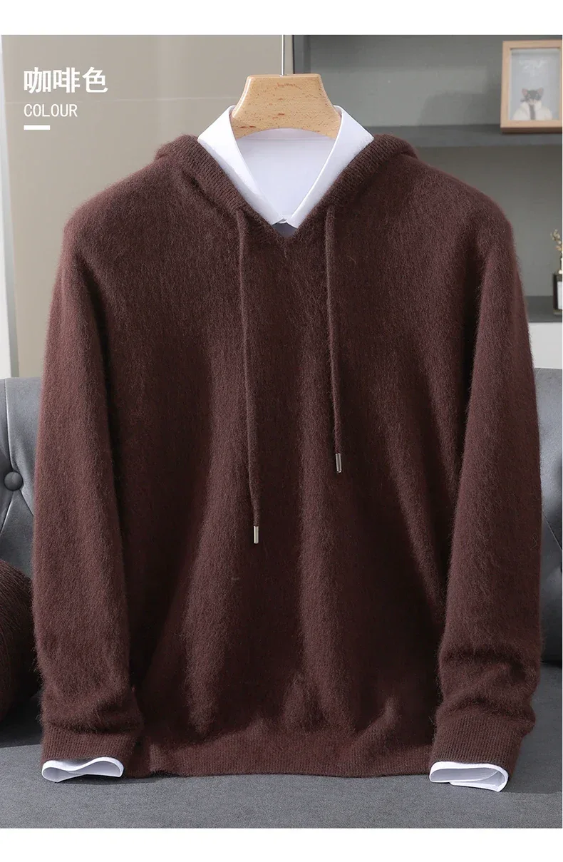 Men's Clothing: 100% Pure Mink Cashmere Knitted Sweater Casual And Loose Large-Sized Hooded Pullover Autumn Winter New Products - Image 30