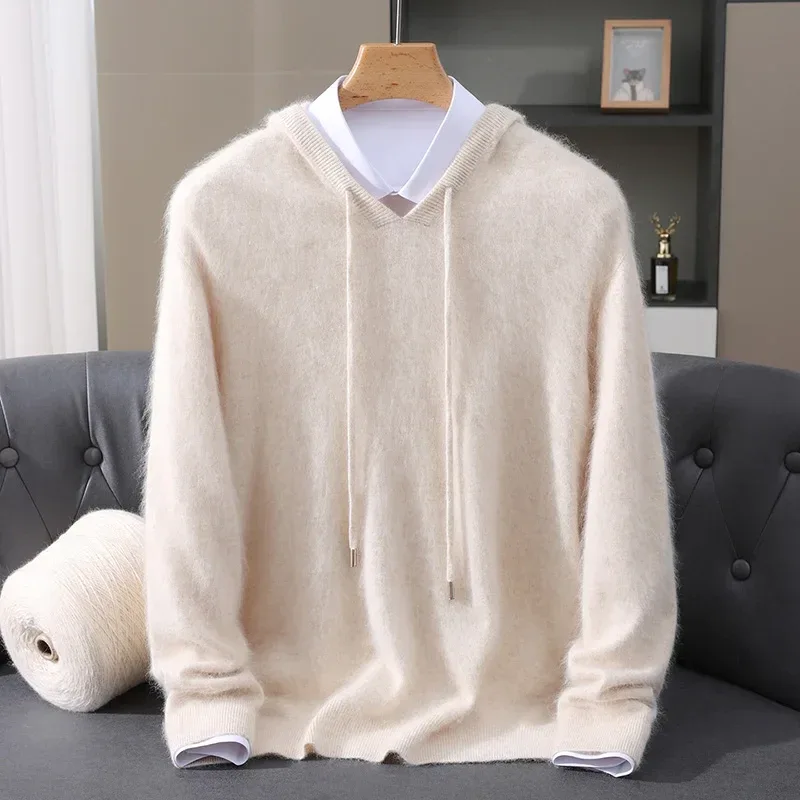 Men's Clothing: 100% Pure Mink Cashmere Knitted Sweater Casual And Loose Large-Sized Hooded Pullover Autumn Winter New Products - Image 37