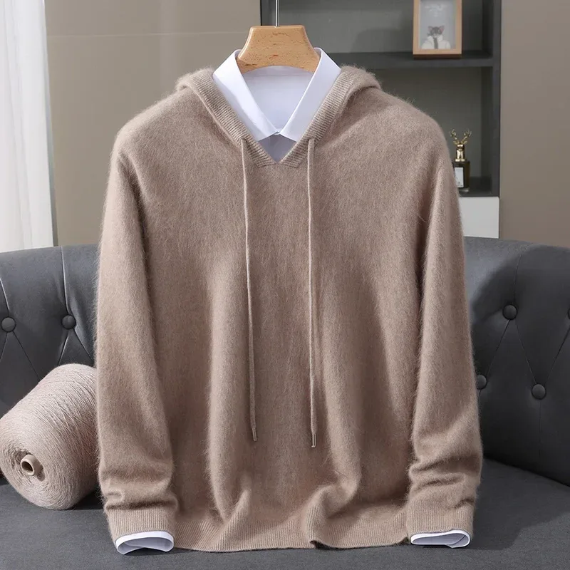 Men's Clothing: 100% Pure Mink Cashmere Knitted Sweater Casual And Loose Large-Sized Hooded Pullover Autumn Winter New Products - Image 38