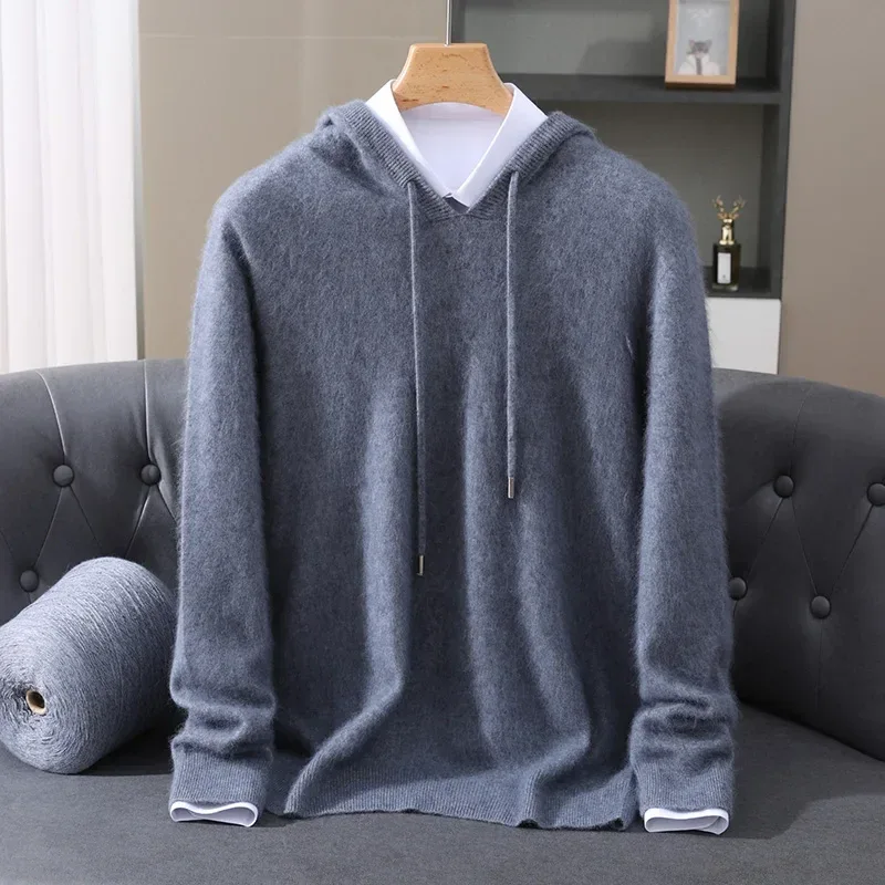 Men's Clothing: 100% Pure Mink Cashmere Knitted Sweater Casual And Loose Large-Sized Hooded Pullover Autumn Winter New Products - Image 43