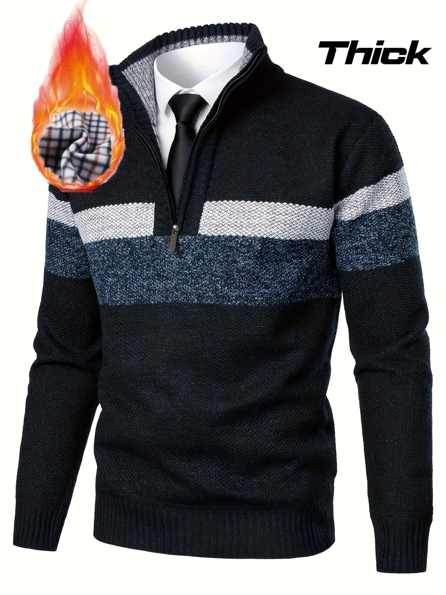 Men'S Color-Blocked Stand Collar Thickened Knitted Pullover Sweater
