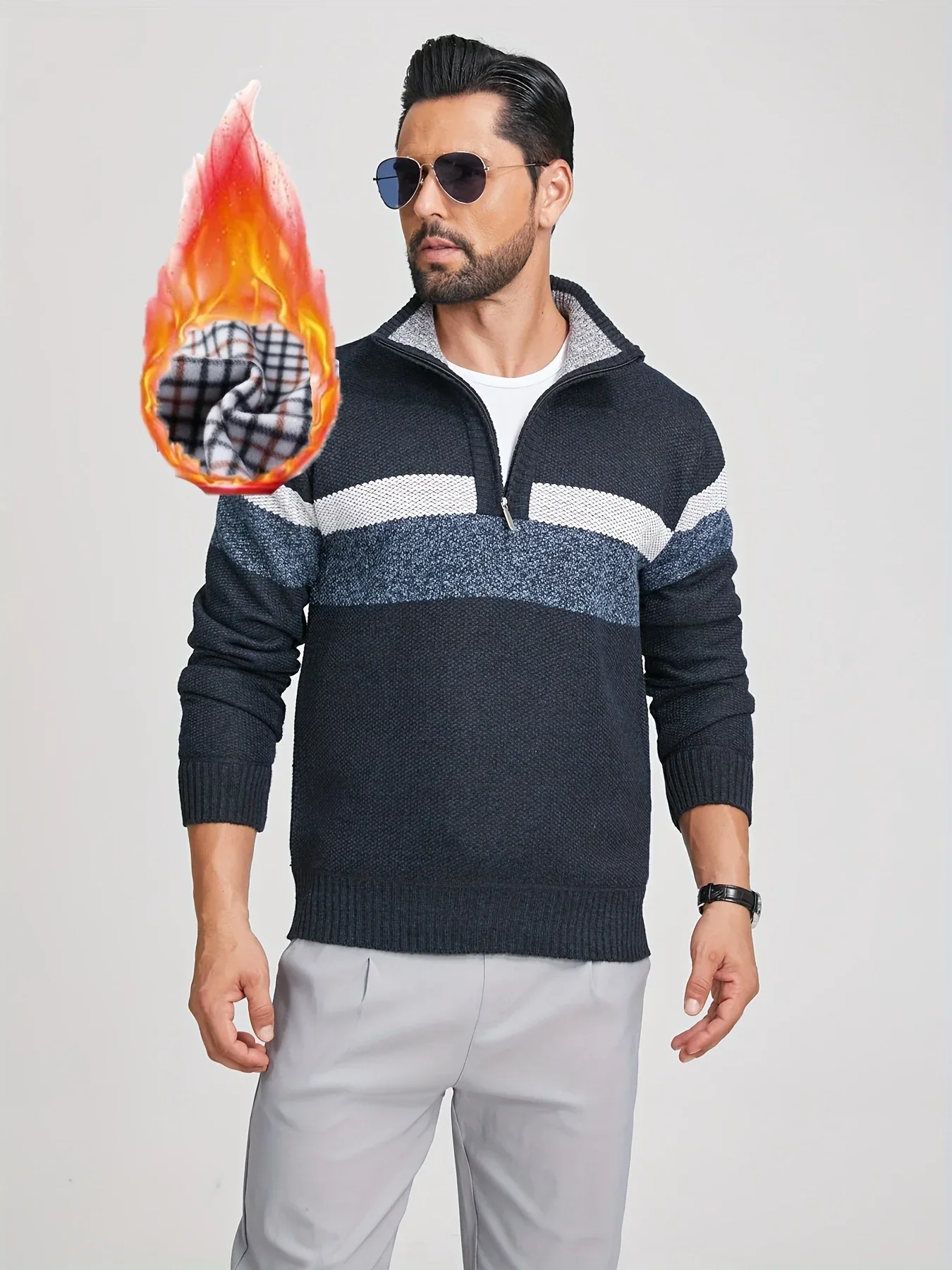 Men'S Color-Blocked Stand Collar Thickened Knitted Pullover Sweater - Image 11