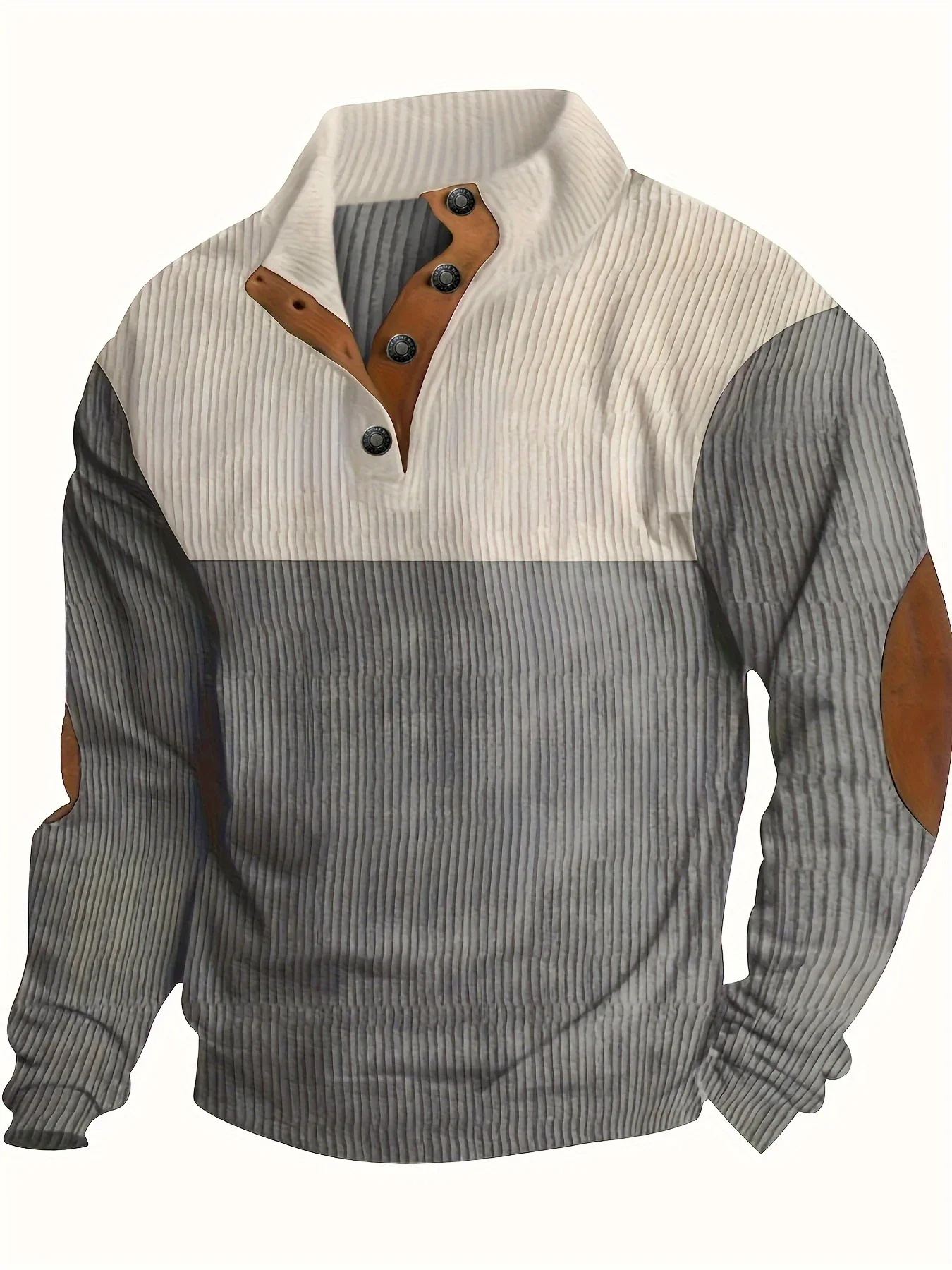 Men's Contrast Color Long Sleeve And Stand Collar Henley Shirt With Patchwork Pieces, Chic And Trendy Tops For Spring And Autumn Outdoors Leisurewear