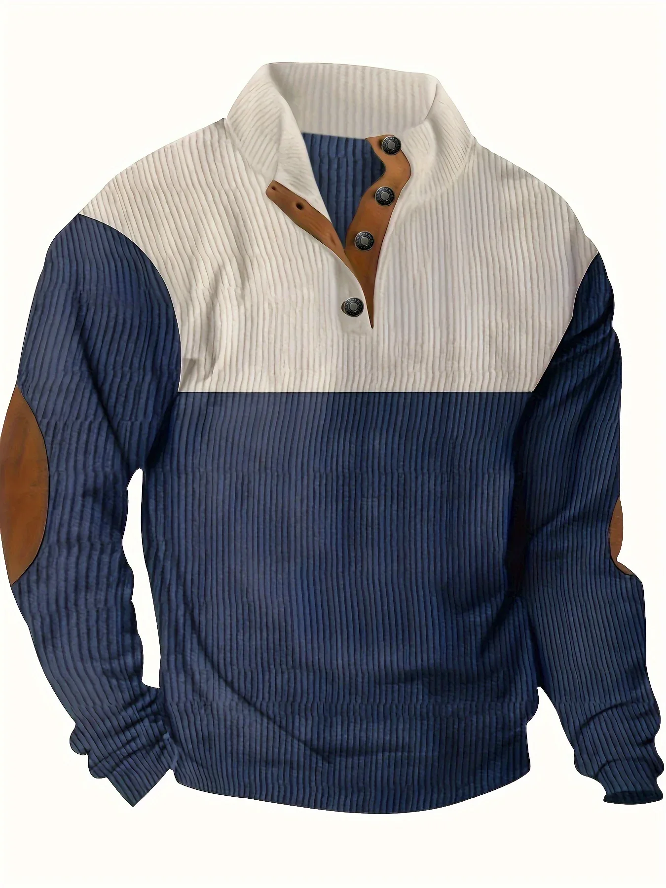 Men's Contrast Color Long Sleeve And Stand Collar Henley Shirt With Patchwork Pieces, Chic And Trendy Tops For Spring And Autumn Outdoors Leisurewear - Image 2