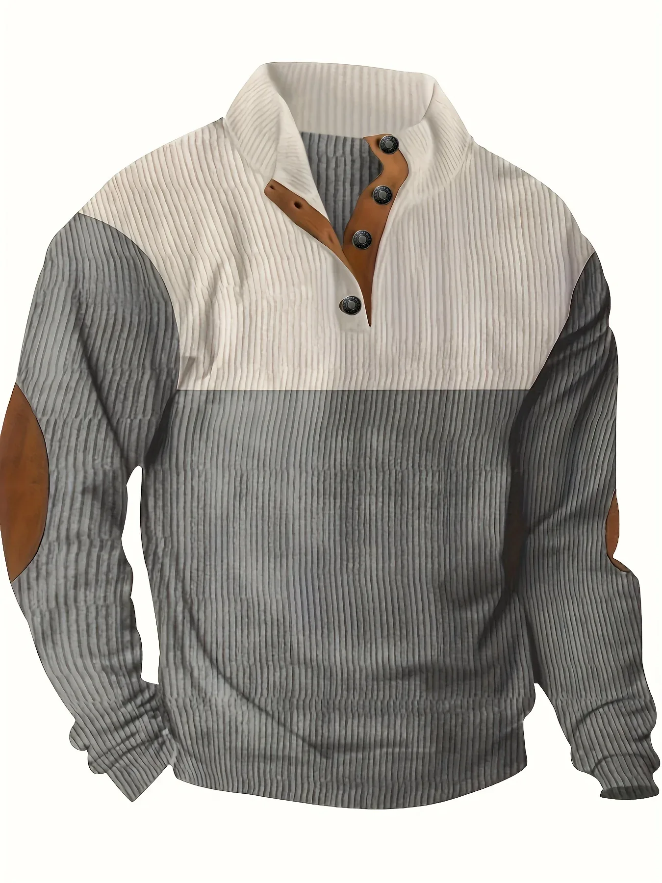 Men's Contrast Color Long Sleeve And Stand Collar Henley Shirt With Patchwork Pieces, Chic And Trendy Tops For Spring And Autumn Outdoors Leisurewear - Image 3