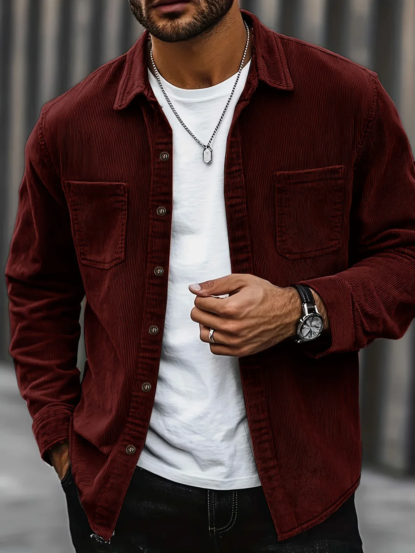 Men'S Corduroy Casual Shirt Jacket - Classic Collar, Button-Up Long Sleeve with Double Chest Pockets, Light Blue, Perfect for Spring & Fall, Everyday Fashion, Street Style, and Office Wear