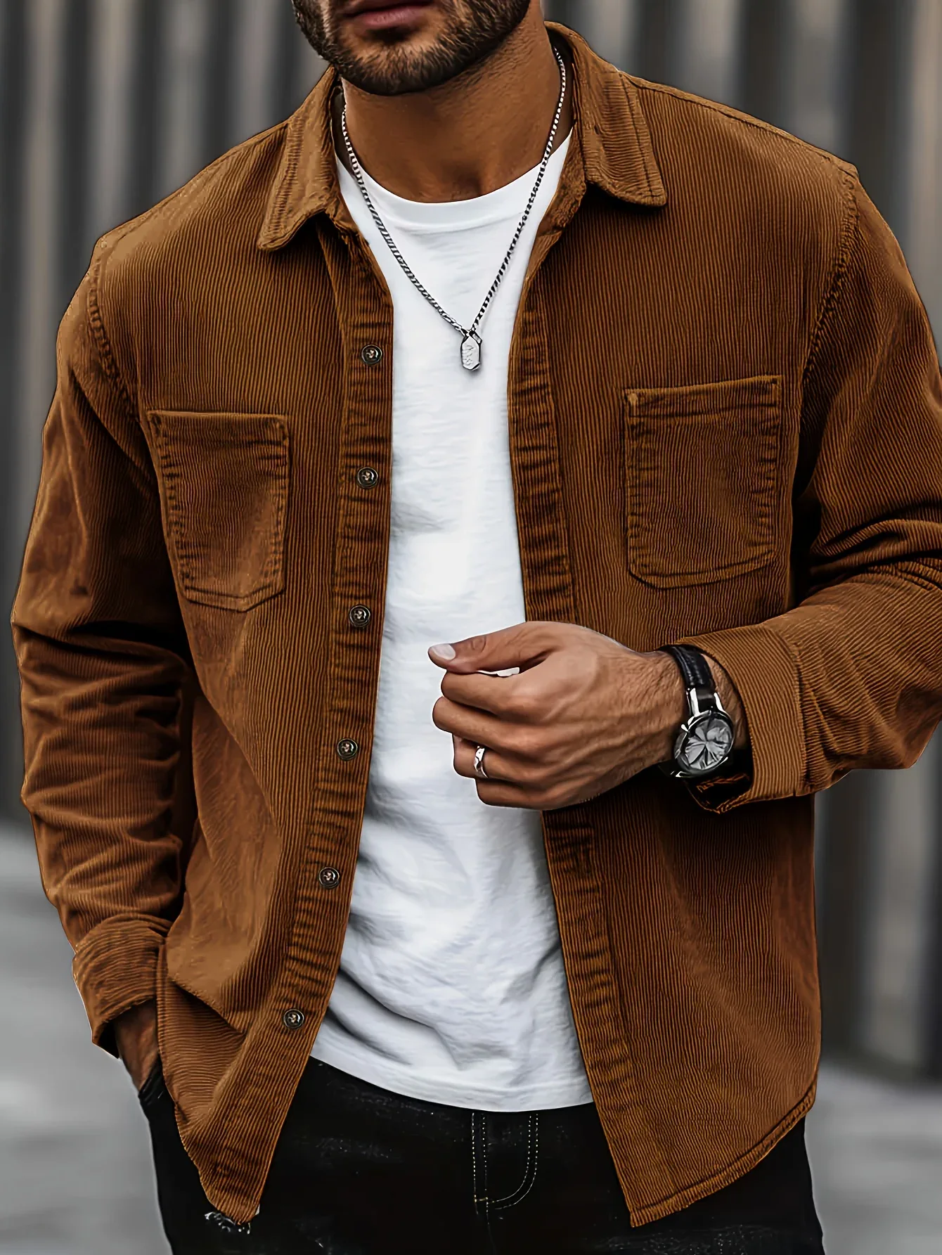 Men'S Corduroy Casual Shirt Jacket - Classic Collar, Button-Up Long Sleeve with Double Chest Pockets, Light Blue, Perfect for Spring & Fall, Everyday Fashion, Street Style, and Office Wear - Image 10