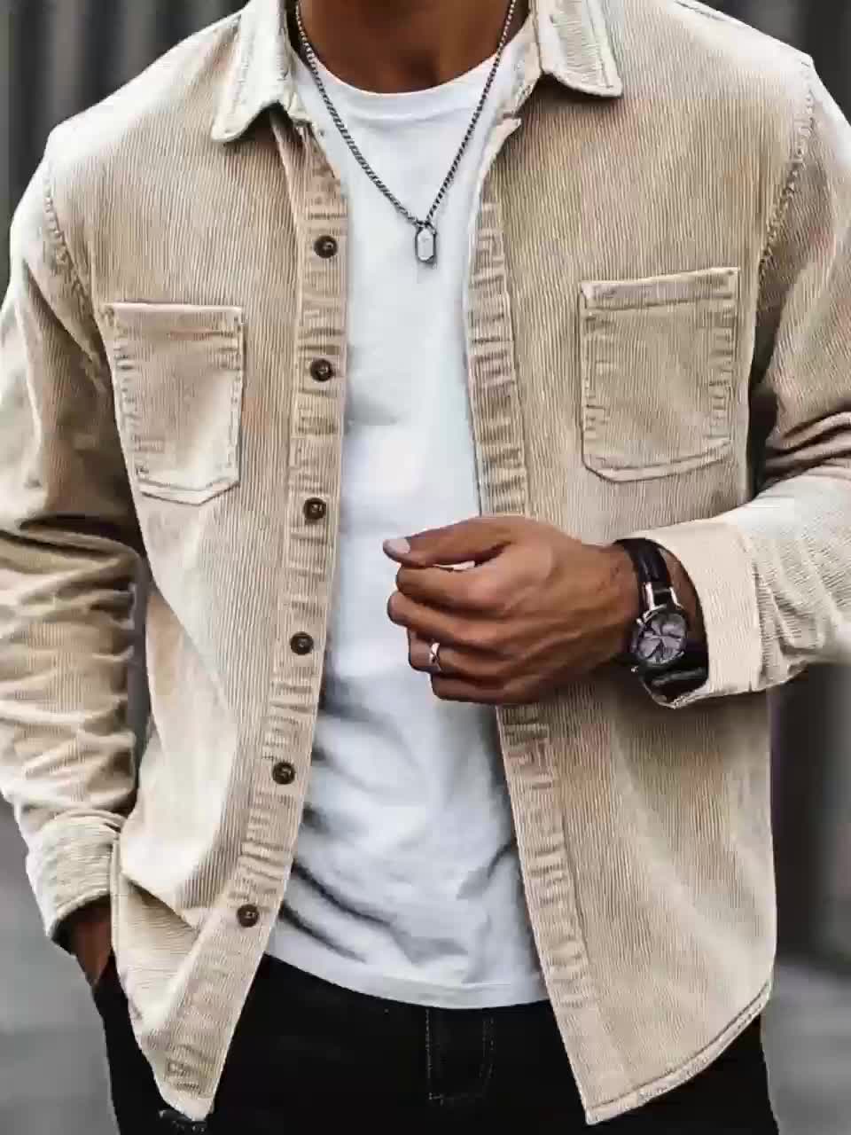 Men'S Corduroy Casual Shirt Jacket - Classic Collar, Button-Up Long Sleeve with Double Chest Pockets, Light Blue, Perfect for Spring & Fall, Everyday Fashion, Street Style, and Office Wear - Image 11