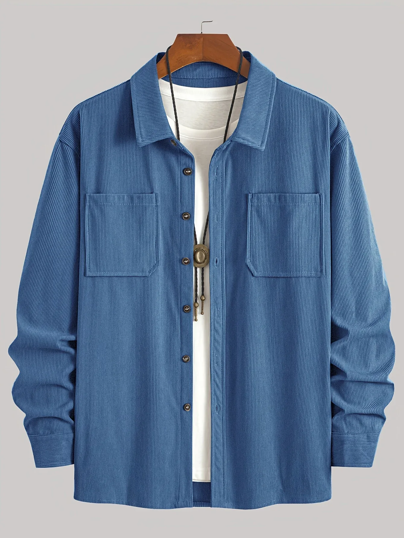 Men'S Corduroy Casual Shirt Jacket - Classic Collar, Button-Up Long Sleeve with Double Chest Pockets, Light Blue, Perfect for Spring & Fall, Everyday Fashion, Street Style, and Office Wear - Image 16
