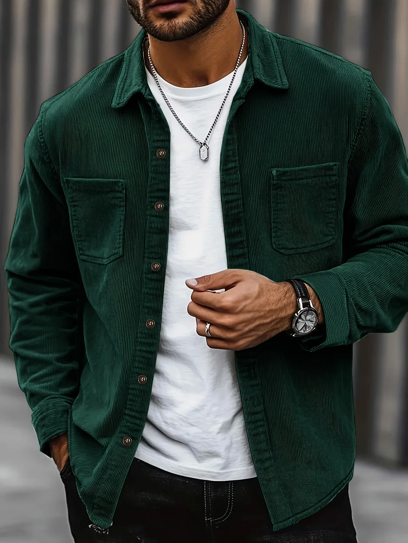 Men'S Corduroy Casual Shirt Jacket - Classic Collar, Button-Up Long Sleeve with Double Chest Pockets, Light Blue, Perfect for Spring & Fall, Everyday Fashion, Street Style, and Office Wear - Image 2