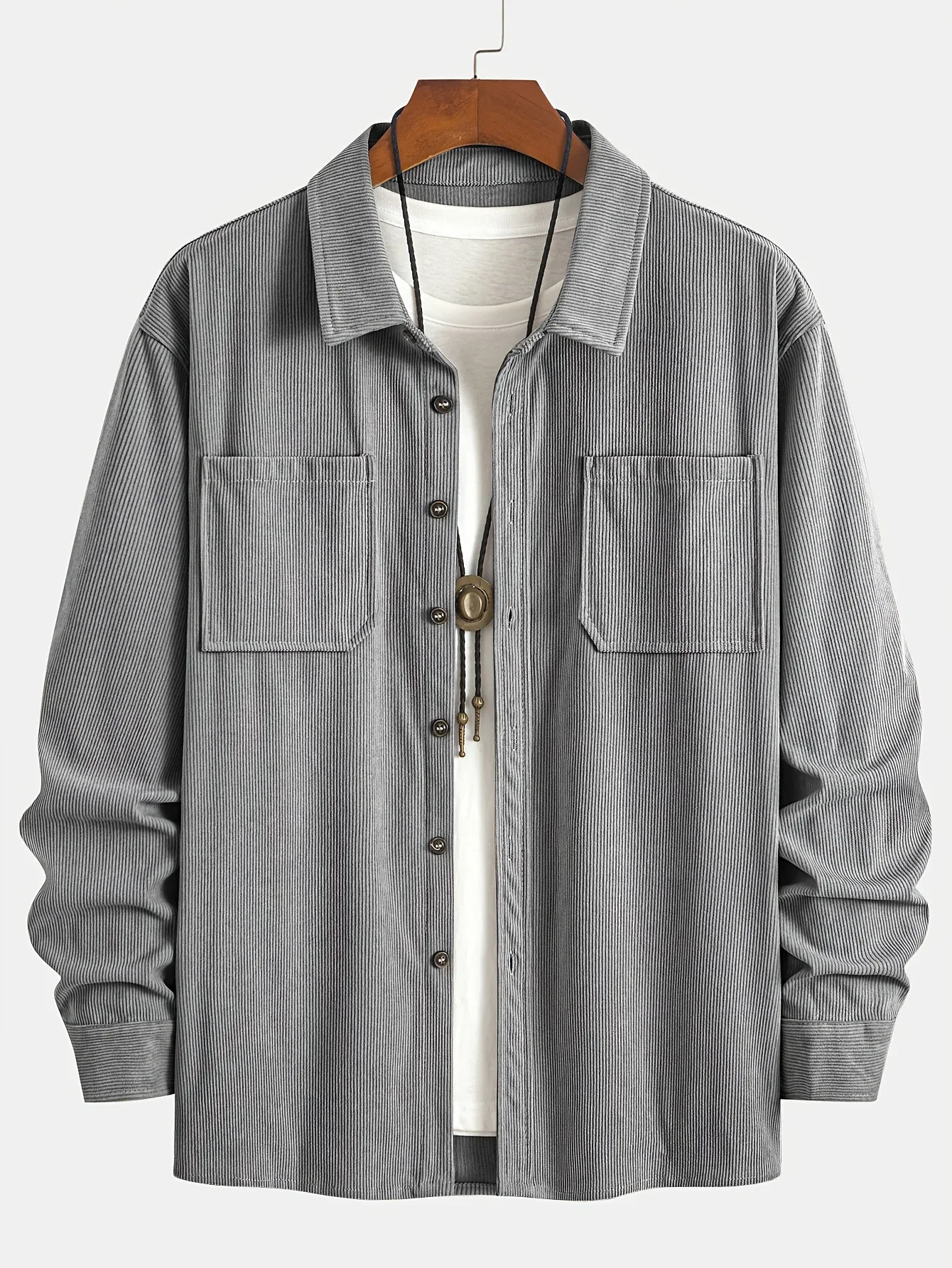 Men'S Corduroy Casual Shirt Jacket - Classic Collar, Button-Up Long Sleeve with Double Chest Pockets, Light Blue, Perfect for Spring & Fall, Everyday Fashion, Street Style, and Office Wear - Image 29