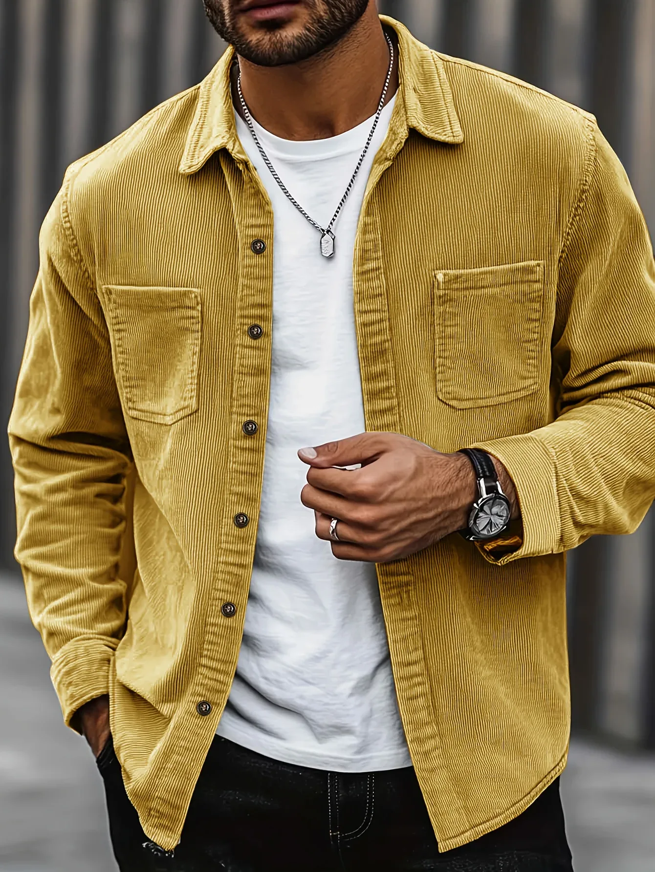 Men'S Corduroy Casual Shirt Jacket - Classic Collar, Button-Up Long Sleeve with Double Chest Pockets, Light Blue, Perfect for Spring & Fall, Everyday Fashion, Street Style, and Office Wear - Image 3