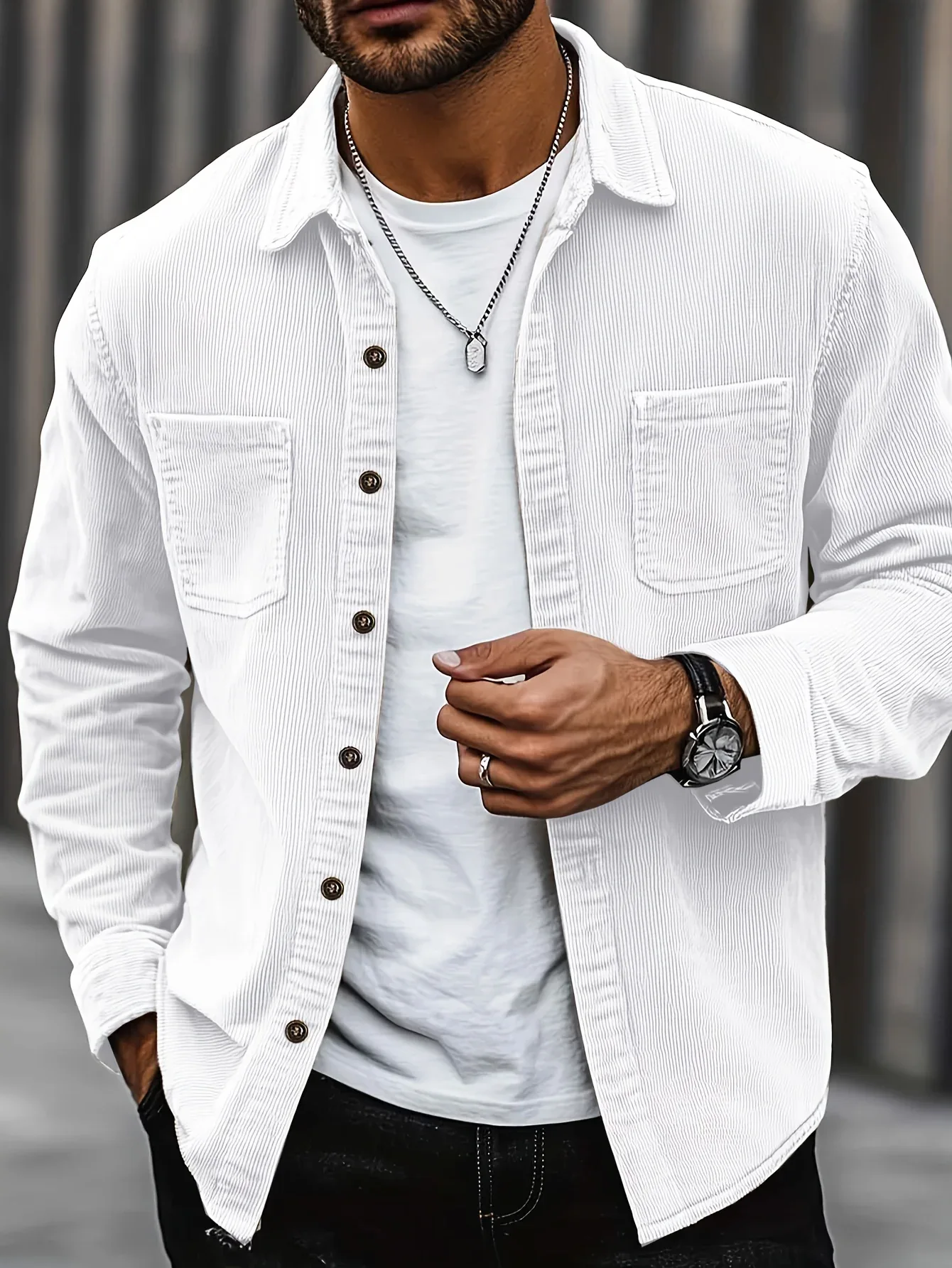 Men'S Corduroy Casual Shirt Jacket - Classic Collar, Button-Up Long Sleeve with Double Chest Pockets, Light Blue, Perfect for Spring & Fall, Everyday Fashion, Street Style, and Office Wear - Image 33