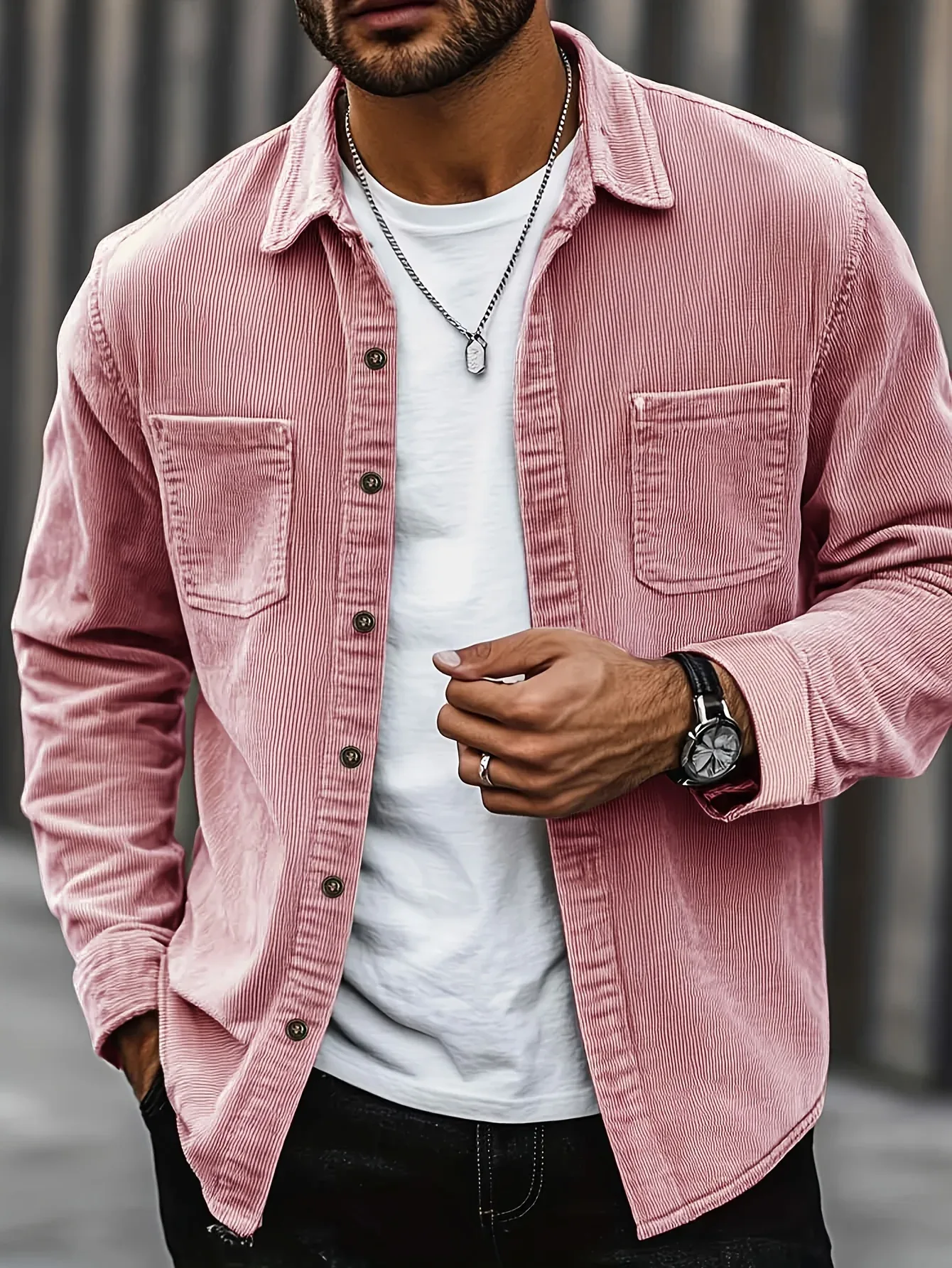 Men'S Corduroy Casual Shirt Jacket - Classic Collar, Button-Up Long Sleeve with Double Chest Pockets, Light Blue, Perfect for Spring & Fall, Everyday Fashion, Street Style, and Office Wear - Image 4