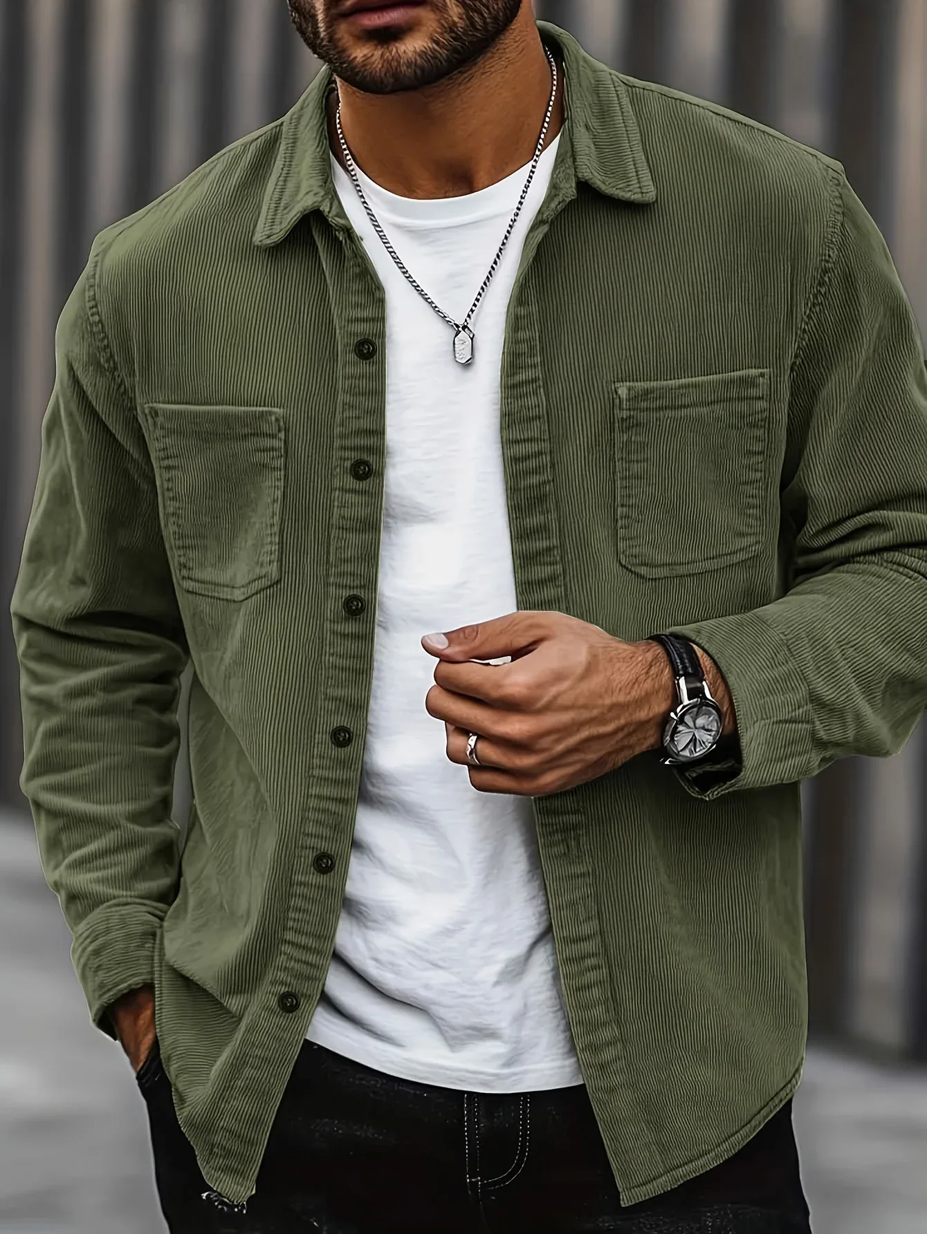 Men'S Corduroy Casual Shirt Jacket - Classic Collar, Button-Up Long Sleeve with Double Chest Pockets, Light Blue, Perfect for Spring & Fall, Everyday Fashion, Street Style, and Office Wear - Image 44