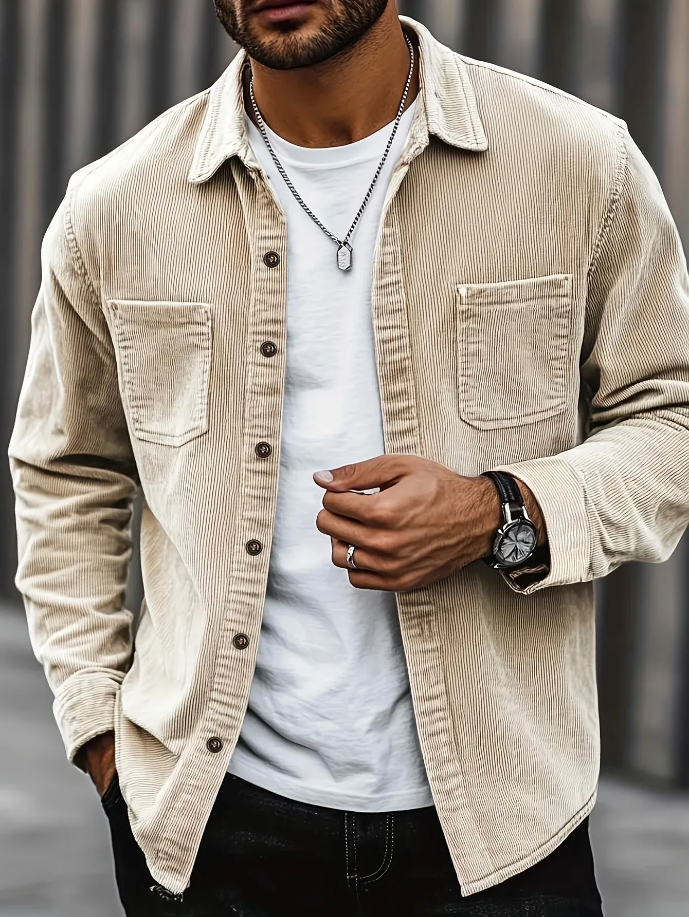 Men'S Corduroy Casual Shirt Jacket - Classic Collar, Button-Up Long Sleeve with Double Chest Pockets, Light Blue, Perfect for Spring & Fall, Everyday Fashion, Street Style, and Office Wear - Image 5
