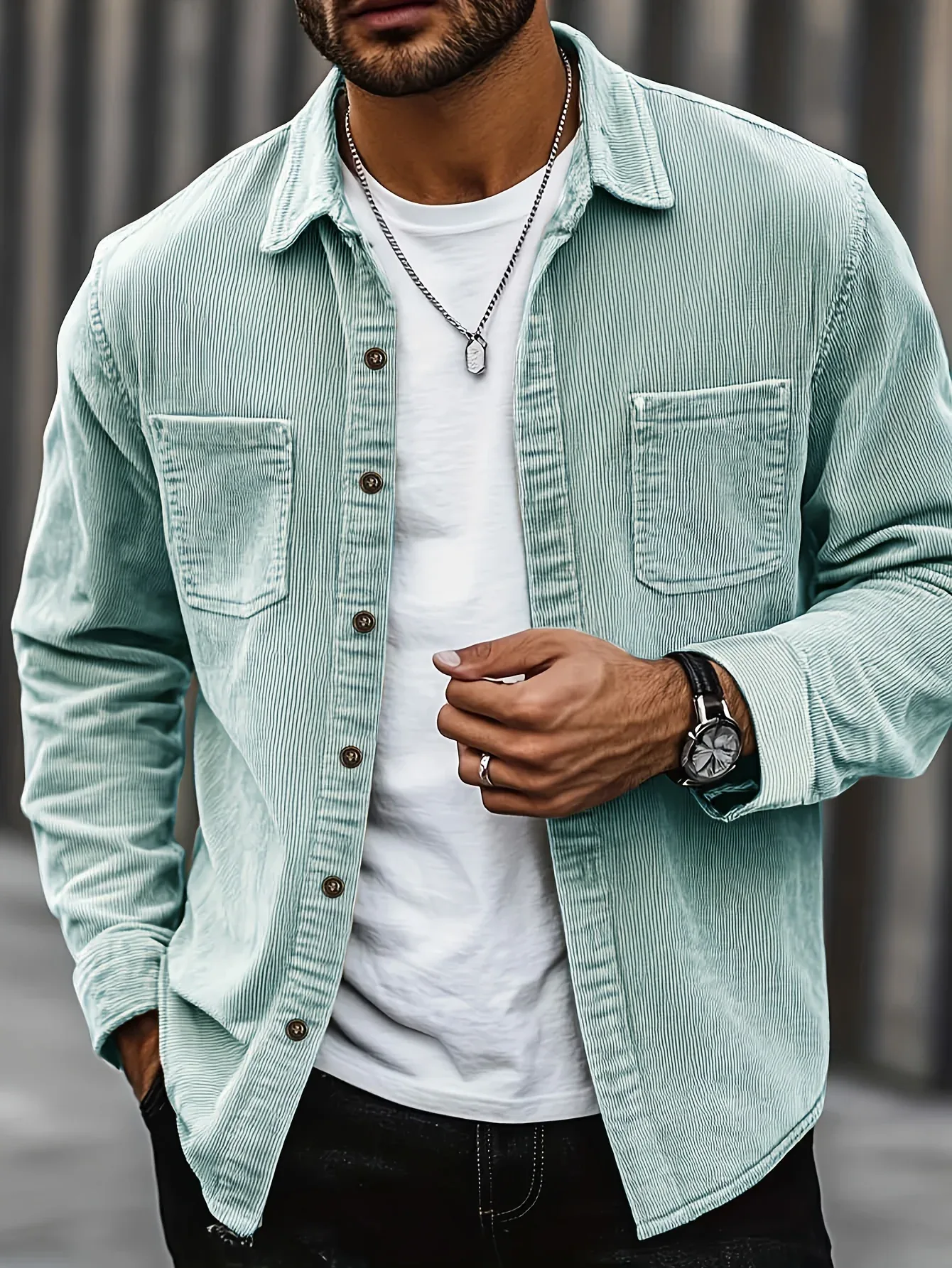 Men'S Corduroy Casual Shirt Jacket - Classic Collar, Button-Up Long Sleeve with Double Chest Pockets, Light Blue, Perfect for Spring & Fall, Everyday Fashion, Street Style, and Office Wear - Image 6