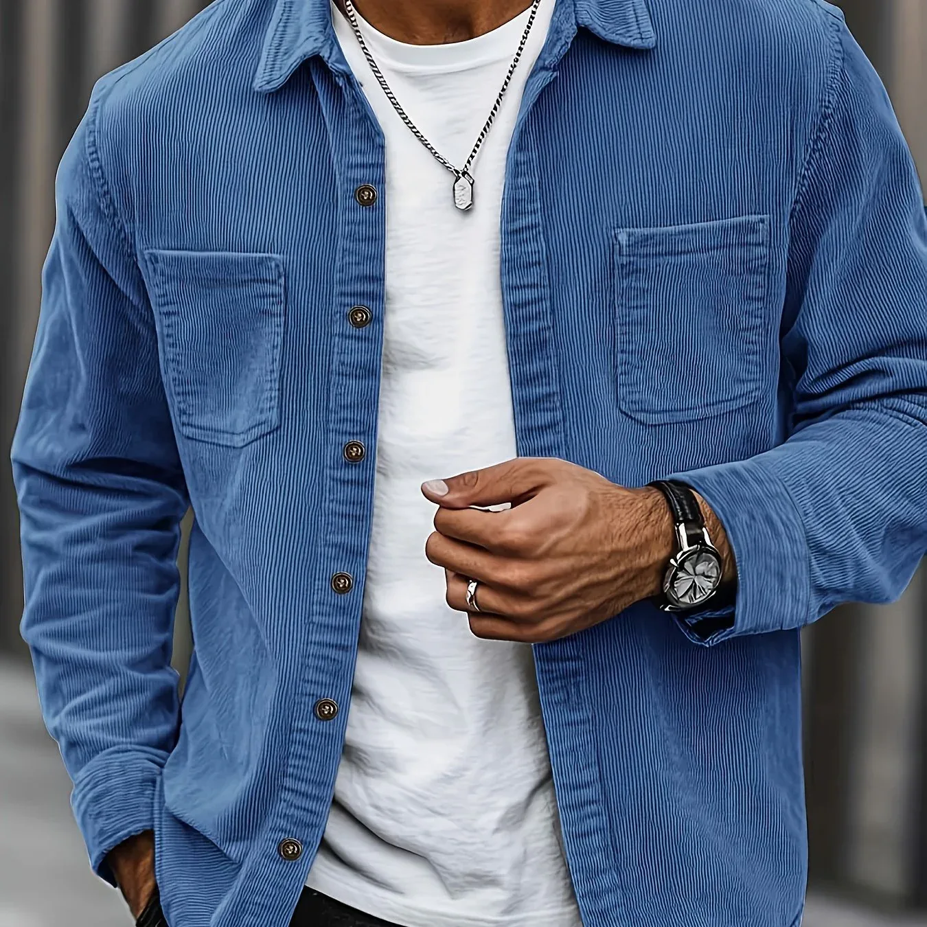 Men'S Corduroy Casual Shirt Jacket - Classic Collar, Button-Up Long Sleeve with Double Chest Pockets, Light Blue, Perfect for Spring & Fall, Everyday Fashion, Street Style, and Office Wear - Image 60