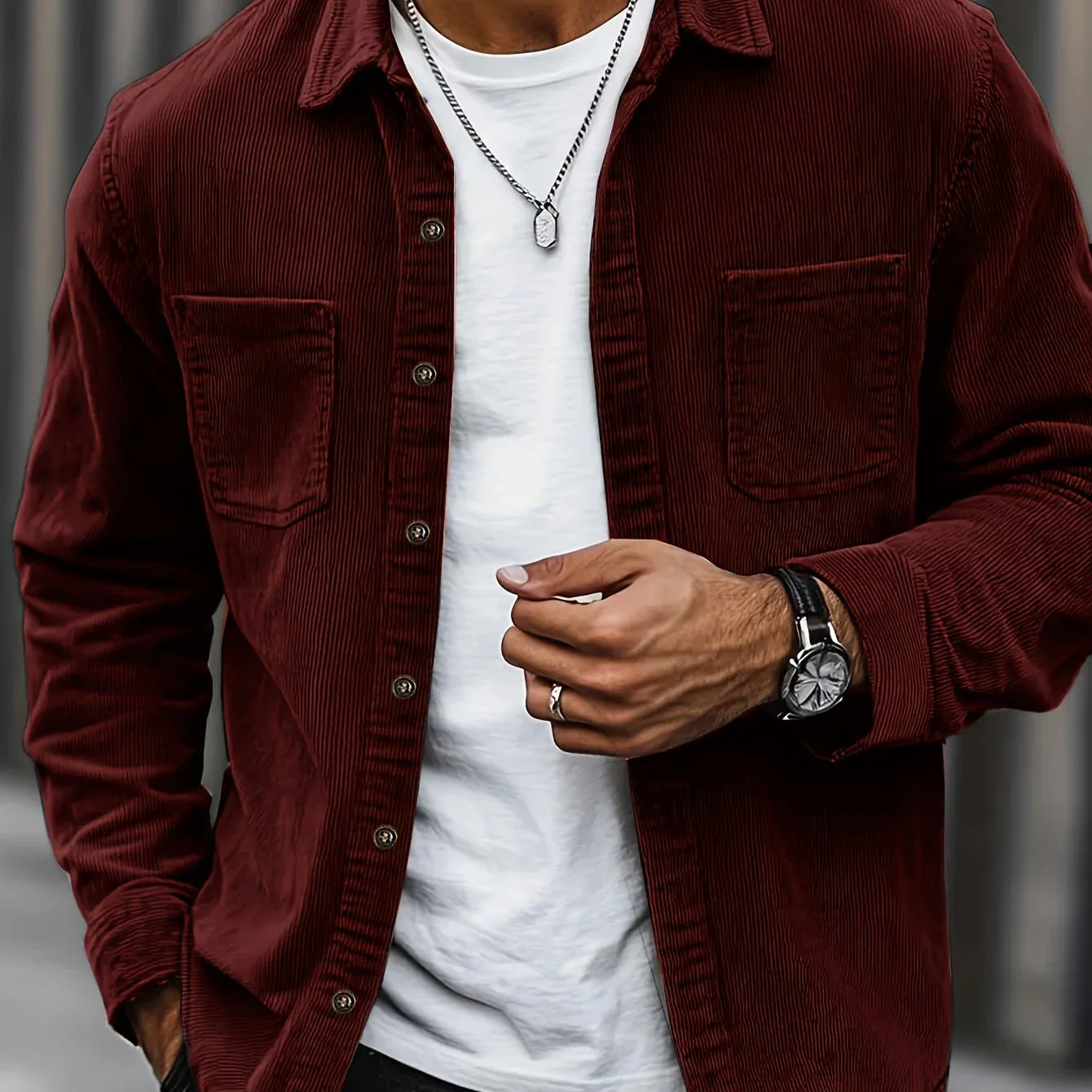 Men'S Corduroy Casual Shirt Jacket - Classic Collar, Button-Up Long Sleeve with Double Chest Pockets, Light Blue, Perfect for Spring & Fall, Everyday Fashion, Street Style, and Office Wear - Image 61