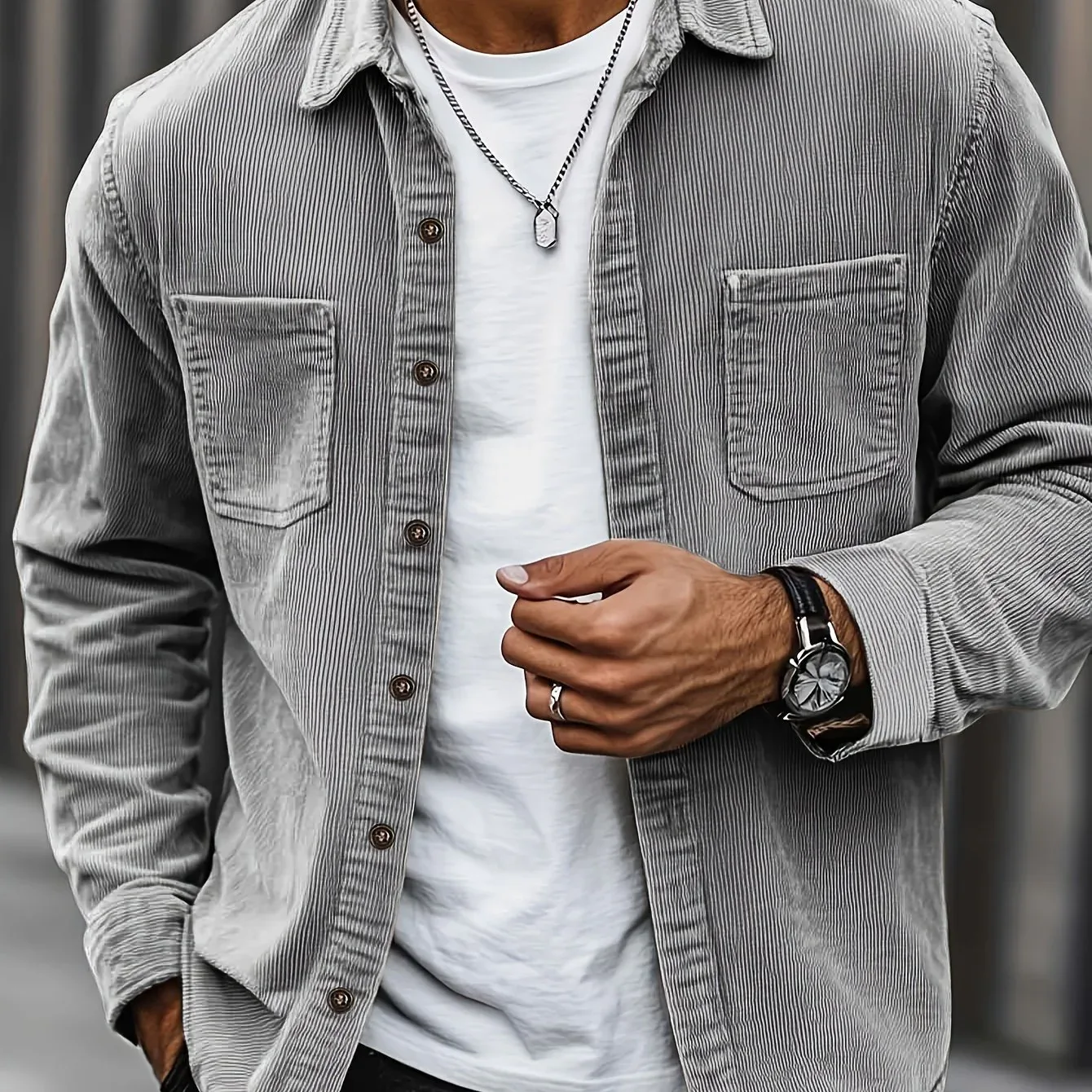 Men'S Corduroy Casual Shirt Jacket - Classic Collar, Button-Up Long Sleeve with Double Chest Pockets, Light Blue, Perfect for Spring & Fall, Everyday Fashion, Street Style, and Office Wear - Image 62