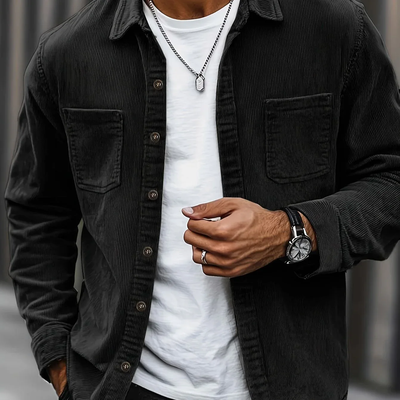 Men'S Corduroy Casual Shirt Jacket - Classic Collar, Button-Up Long Sleeve with Double Chest Pockets, Light Blue, Perfect for Spring & Fall, Everyday Fashion, Street Style, and Office Wear - Image 64
