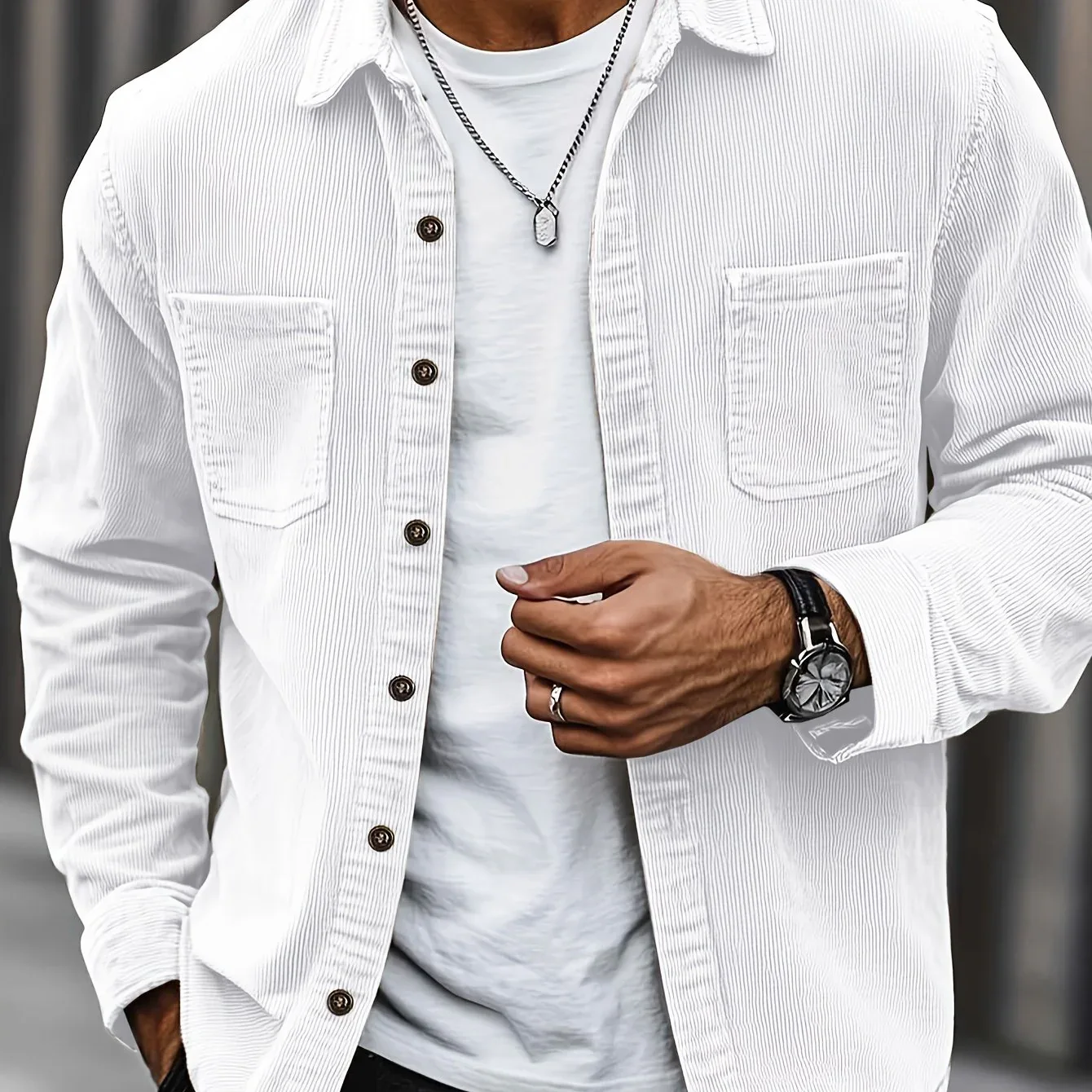 Men'S Corduroy Casual Shirt Jacket - Classic Collar, Button-Up Long Sleeve with Double Chest Pockets, Light Blue, Perfect for Spring & Fall, Everyday Fashion, Street Style, and Office Wear - Image 65
