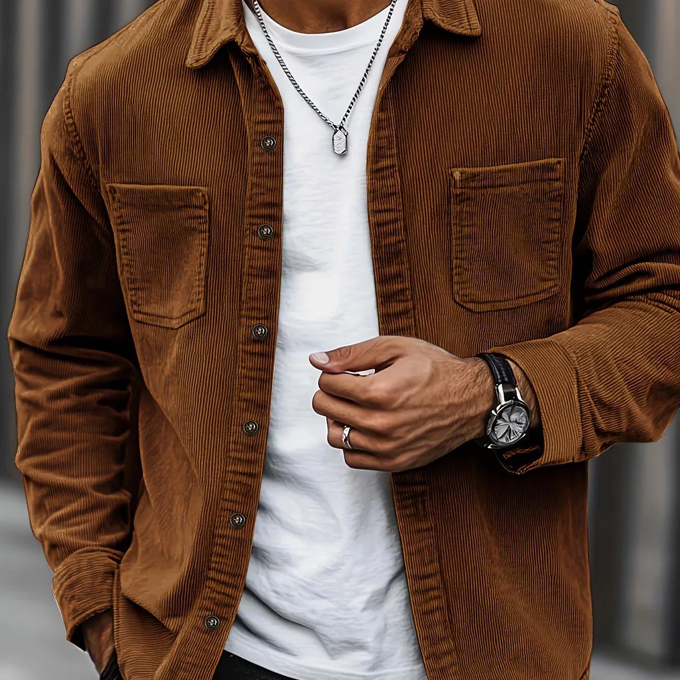 Men'S Corduroy Casual Shirt Jacket - Classic Collar, Button-Up Long Sleeve with Double Chest Pockets, Light Blue, Perfect for Spring & Fall, Everyday Fashion, Street Style, and Office Wear - Image 67