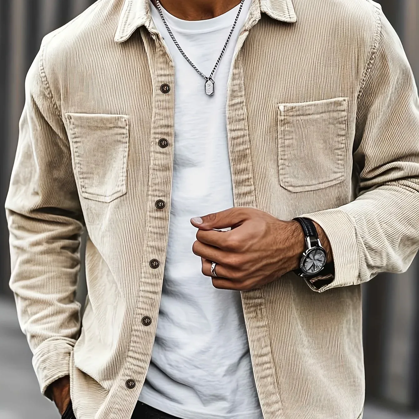 Men'S Corduroy Casual Shirt Jacket - Classic Collar, Button-Up Long Sleeve with Double Chest Pockets, Light Blue, Perfect for Spring & Fall, Everyday Fashion, Street Style, and Office Wear - Image 68