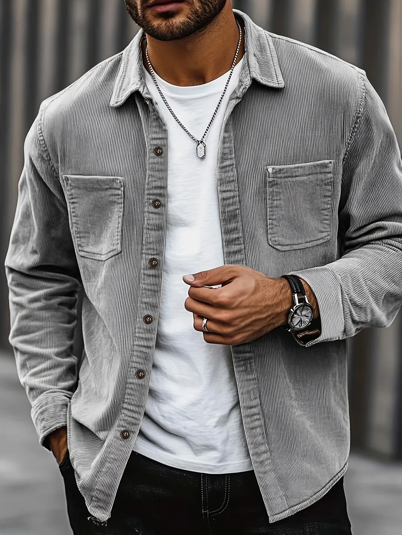 Men'S Corduroy Casual Shirt Jacket - Classic Collar, Button-Up Long Sleeve with Double Chest Pockets, Light Blue, Perfect for Spring & Fall, Everyday Fashion, Street Style, and Office Wear - Image 7