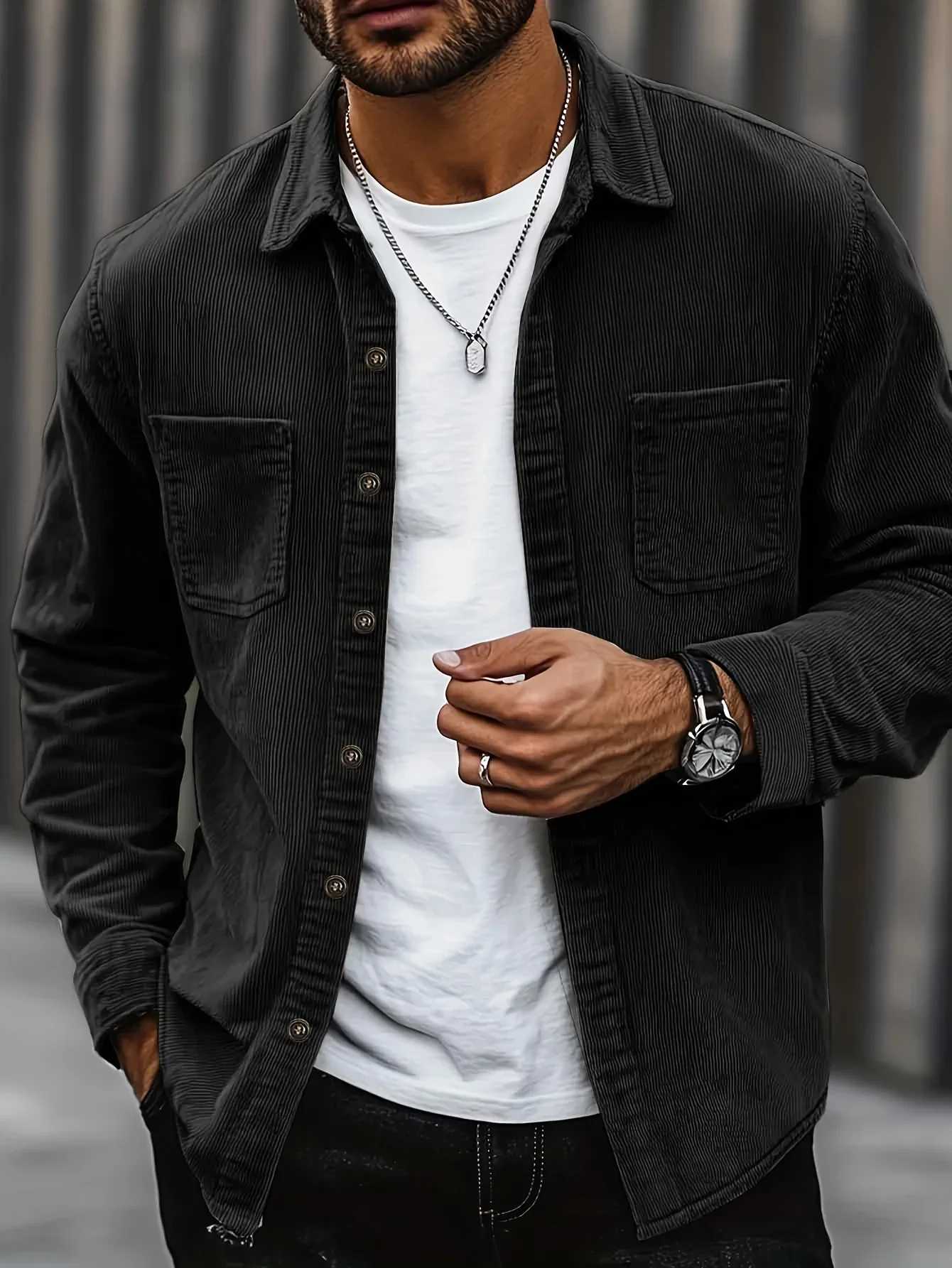 Men'S Corduroy Casual Shirt Jacket - Classic Collar, Button-Up Long Sleeve with Double Chest Pockets, Light Blue, Perfect for Spring & Fall, Everyday Fashion, Street Style, and Office Wear - Image 8