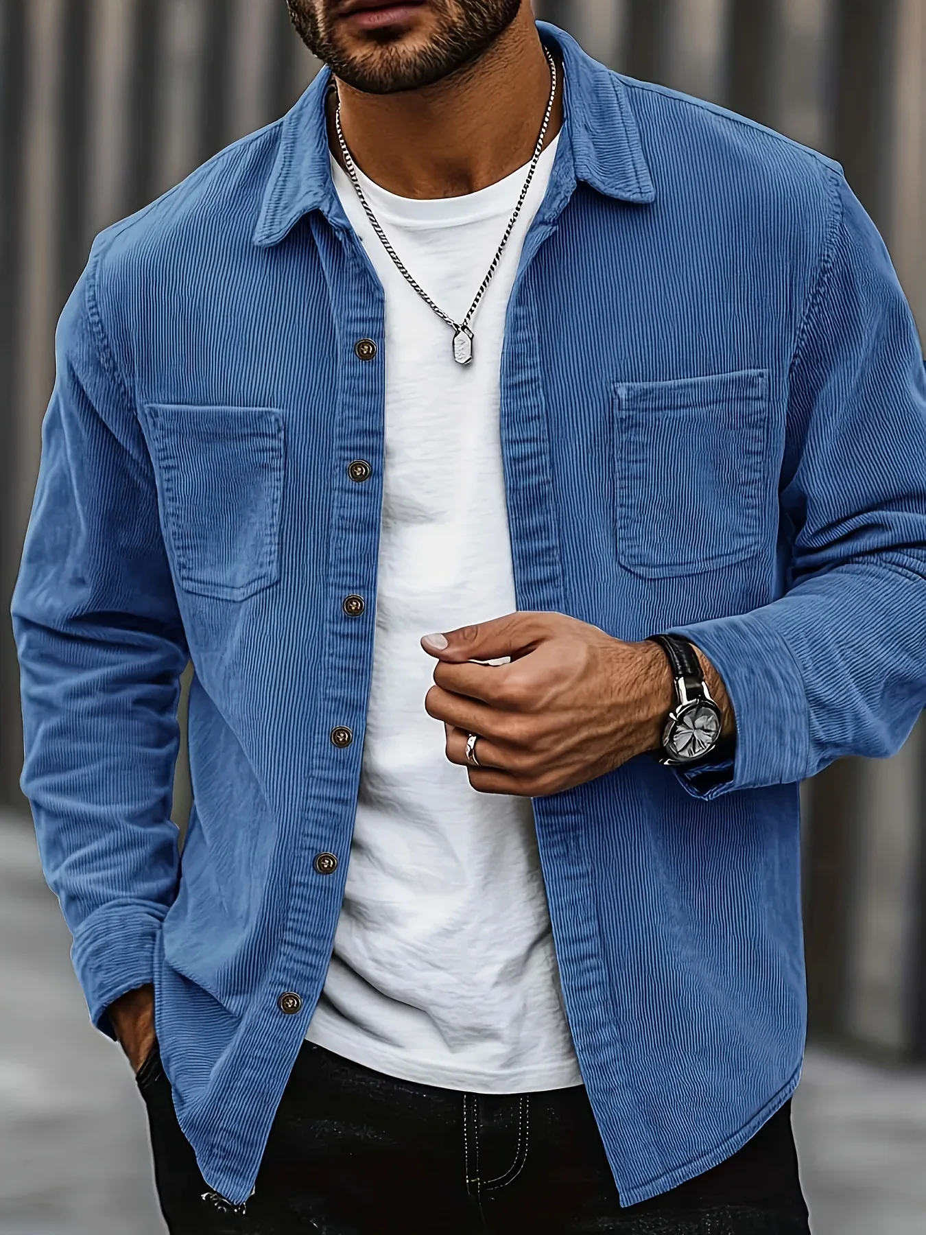 Men'S Corduroy Casual Shirt Jacket - Classic Collar, Button-Up Long Sleeve with Double Chest Pockets, Light Blue, Perfect for Spring & Fall, Everyday Fashion, Street Style, and Office Wear - Image 9