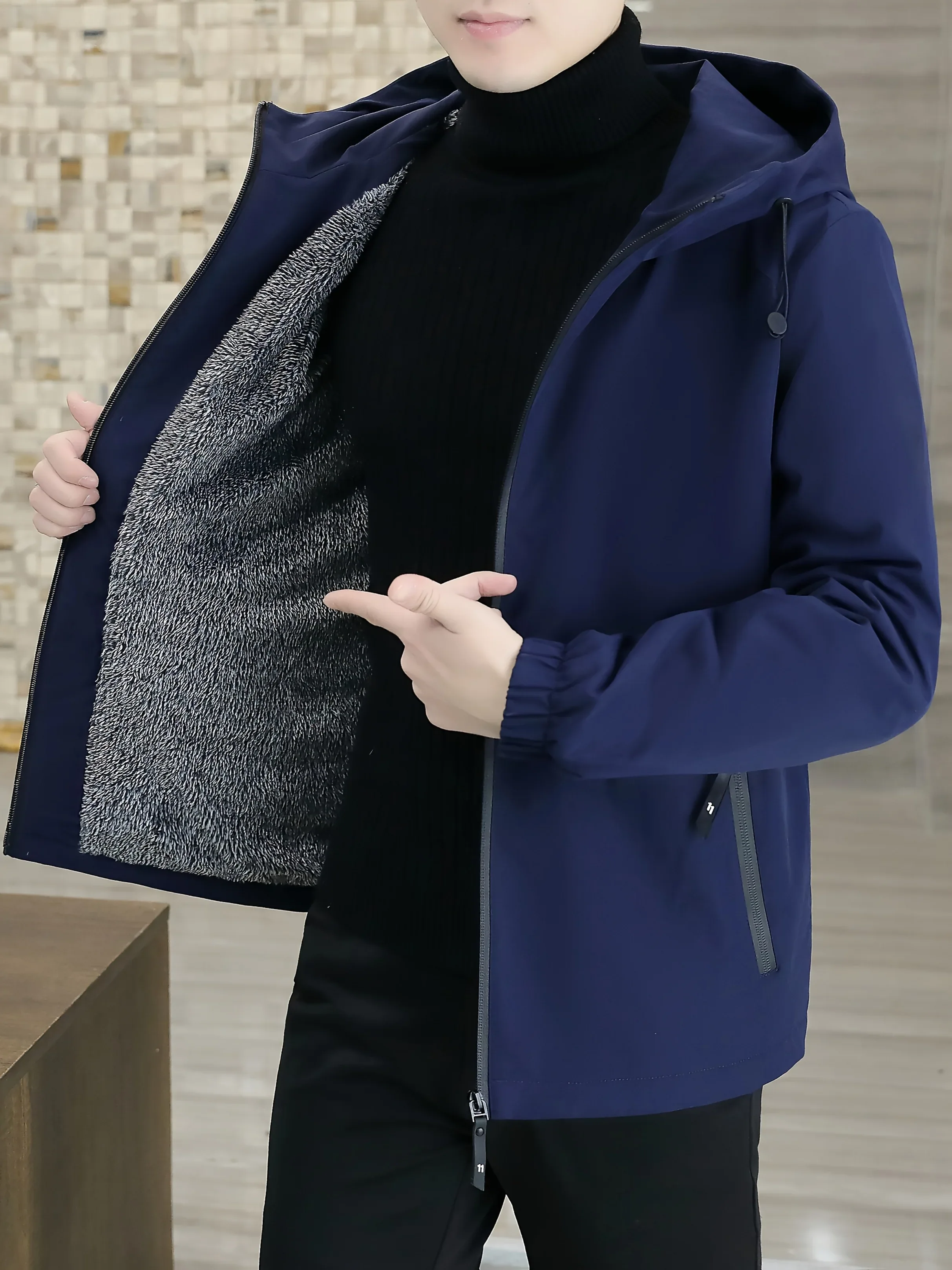 Men'S Heavy-Duty Fleece Jacket - Windproof Zip-Up Coat with Full-Zip Closure, Hooded Winter Coat for Cold Weather, Non-Stretch Fabric for Everyday & Formal Events - Image 2