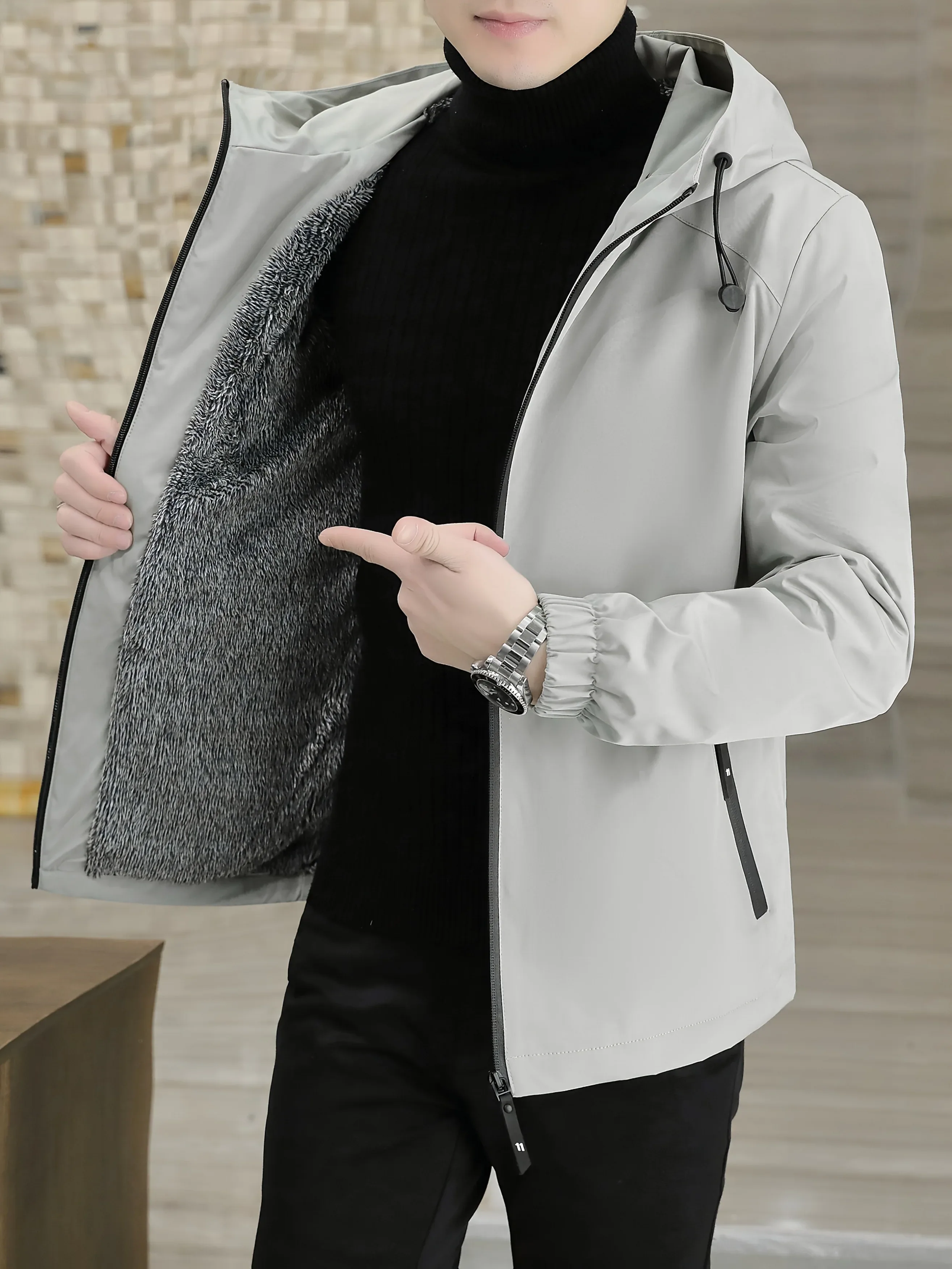 Men'S Heavy-Duty Fleece Jacket - Windproof Zip-Up Coat with Full-Zip Closure, Hooded Winter Coat for Cold Weather, Non-Stretch Fabric for Everyday & Formal Events - Image 3