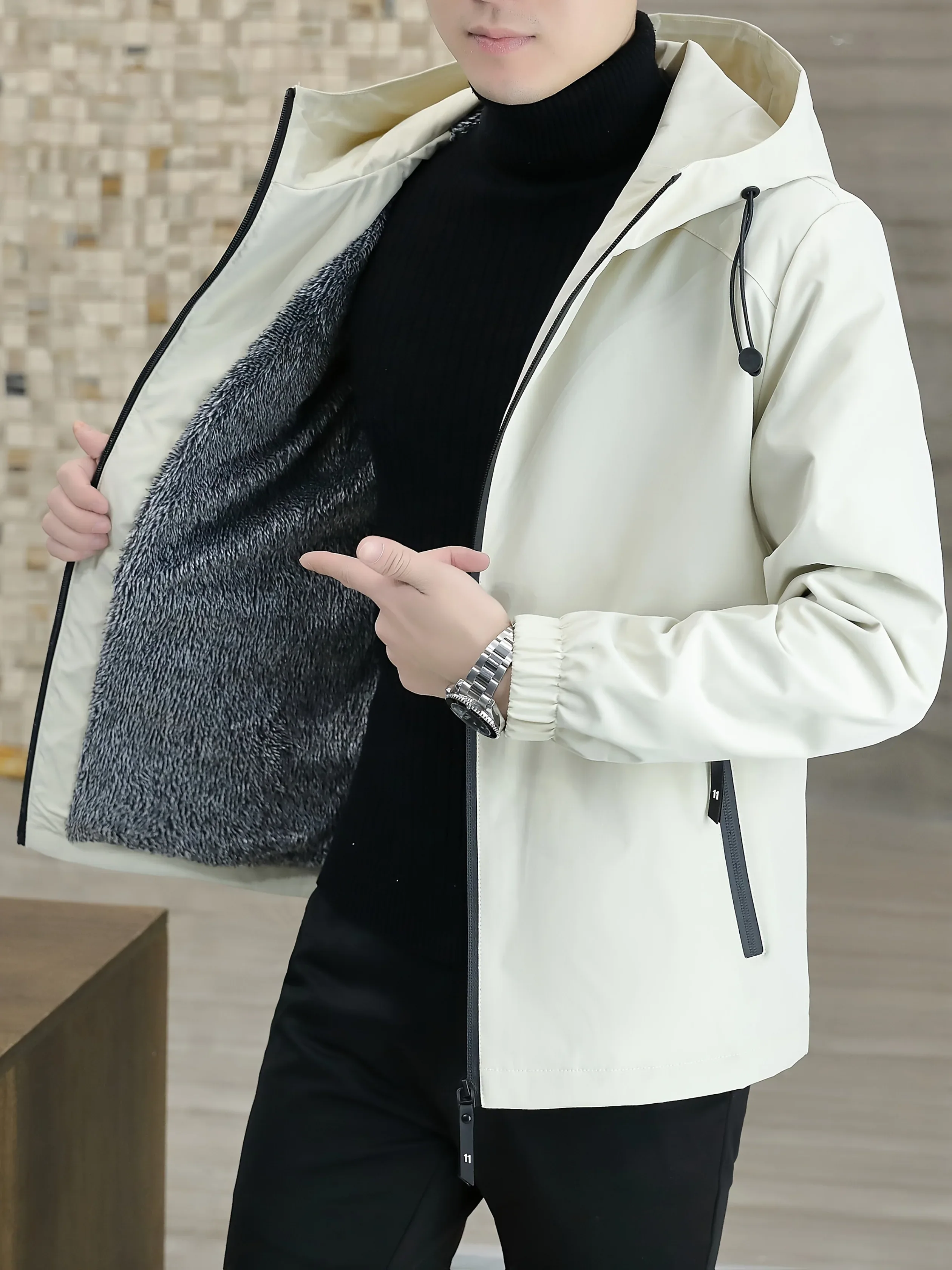 Men'S Heavy-Duty Fleece Jacket - Windproof Zip-Up Coat with Full-Zip Closure, Hooded Winter Coat for Cold Weather, Non-Stretch Fabric for Everyday & Formal Events - Image 4