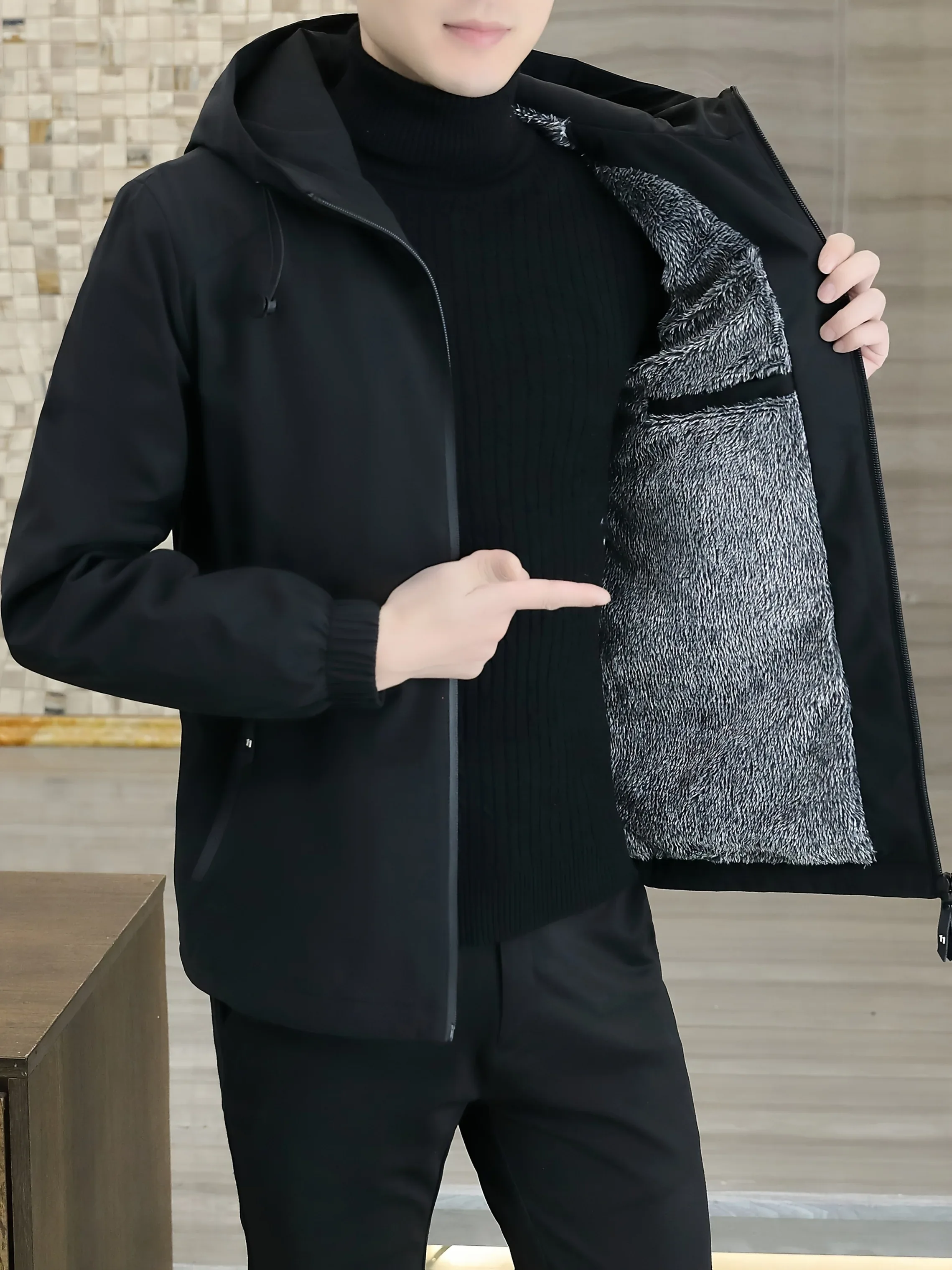 Men'S Heavy-Duty Fleece Jacket - Windproof Zip-Up Coat with Full-Zip Closure, Hooded Winter Coat for Cold Weather, Non-Stretch Fabric for Everyday & Formal Events - Image 5